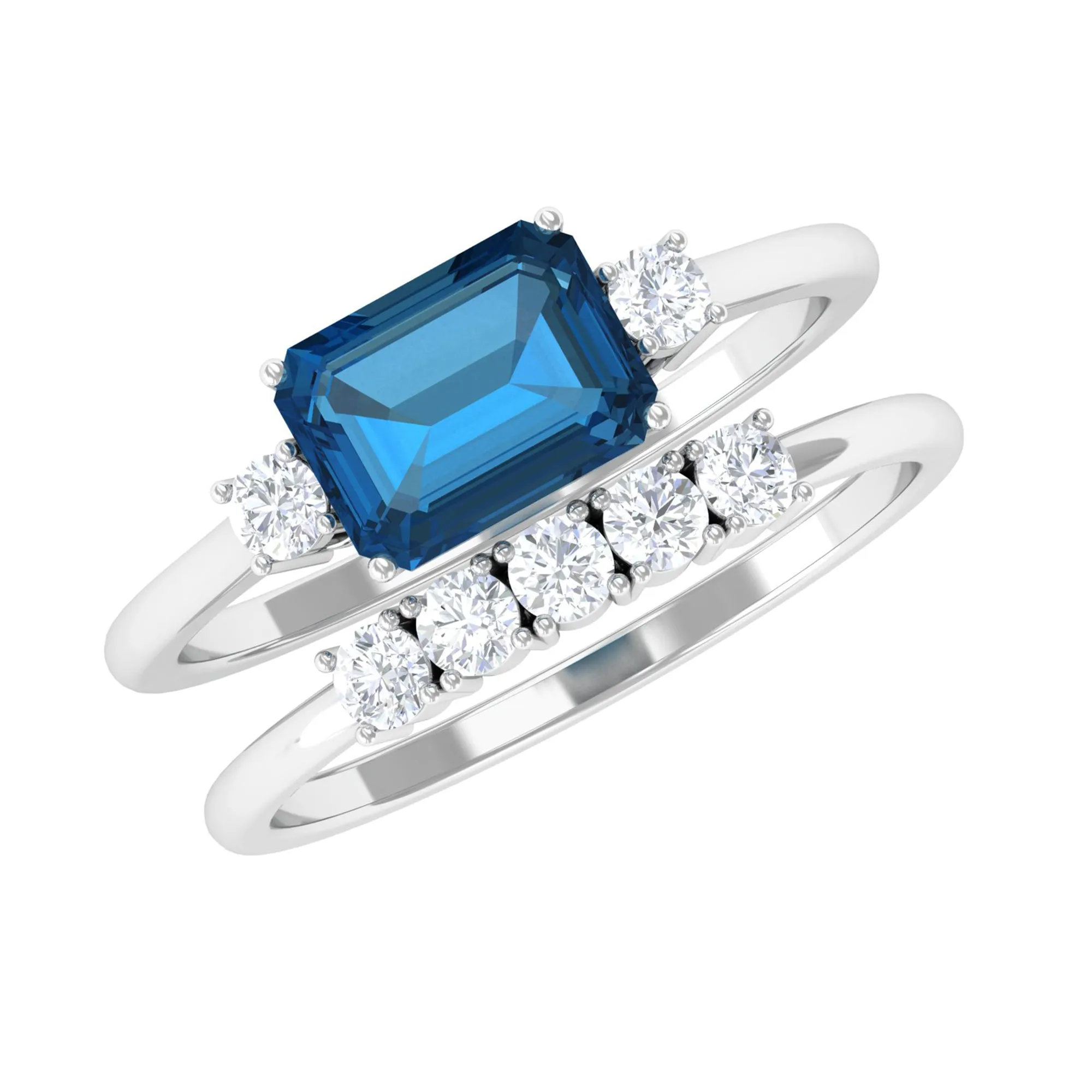 Octagon Cut London Blue Topaz Contemporary Wedding Ring Set with Diamond
