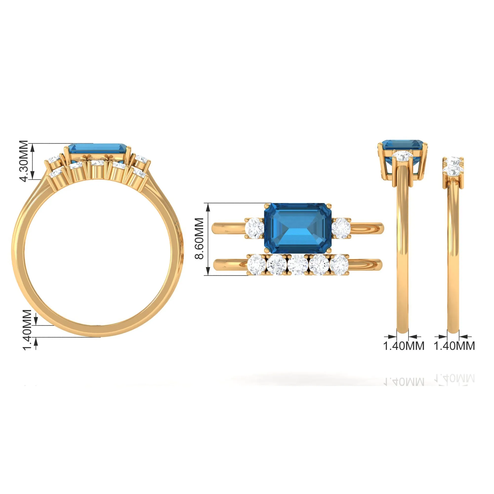Octagon Cut London Blue Topaz Contemporary Wedding Ring Set with Diamond