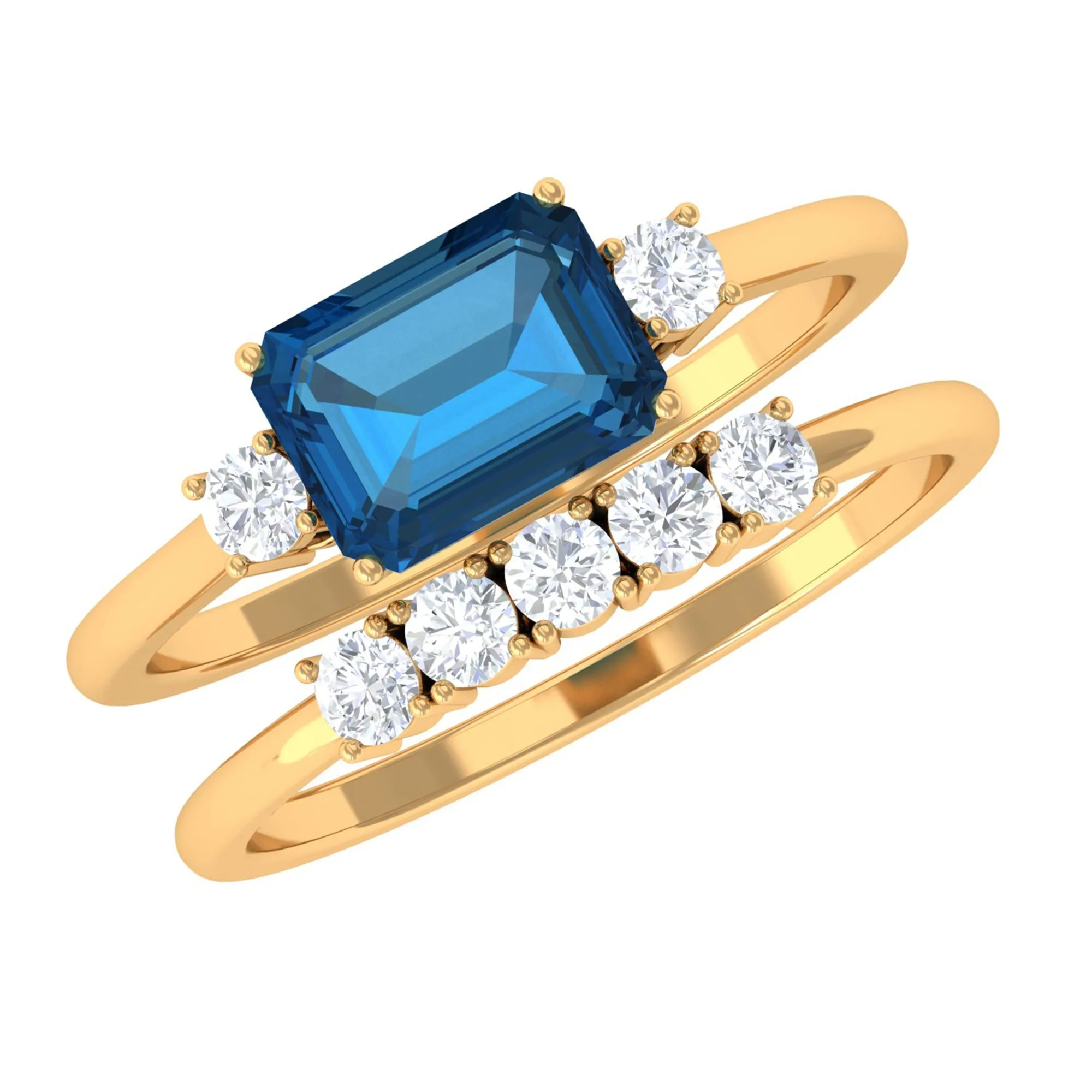Octagon Cut London Blue Topaz Contemporary Wedding Ring Set with Diamond