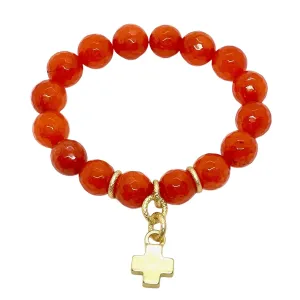 Orange Jade Stretch Bracelet With Matte Gold Cross Charm