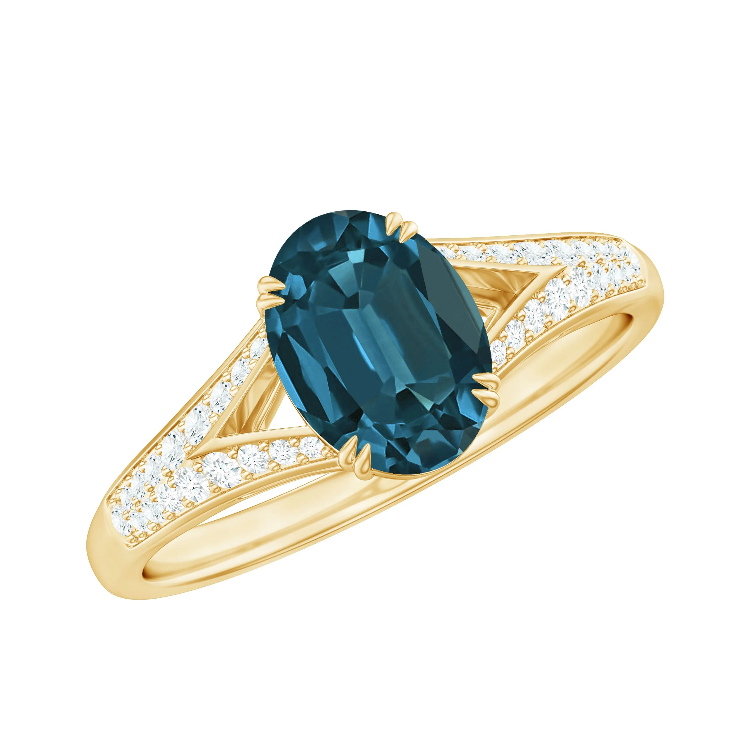 Oval Shape London Blue Topaz Solitaire Ring with Diamond Split Shank