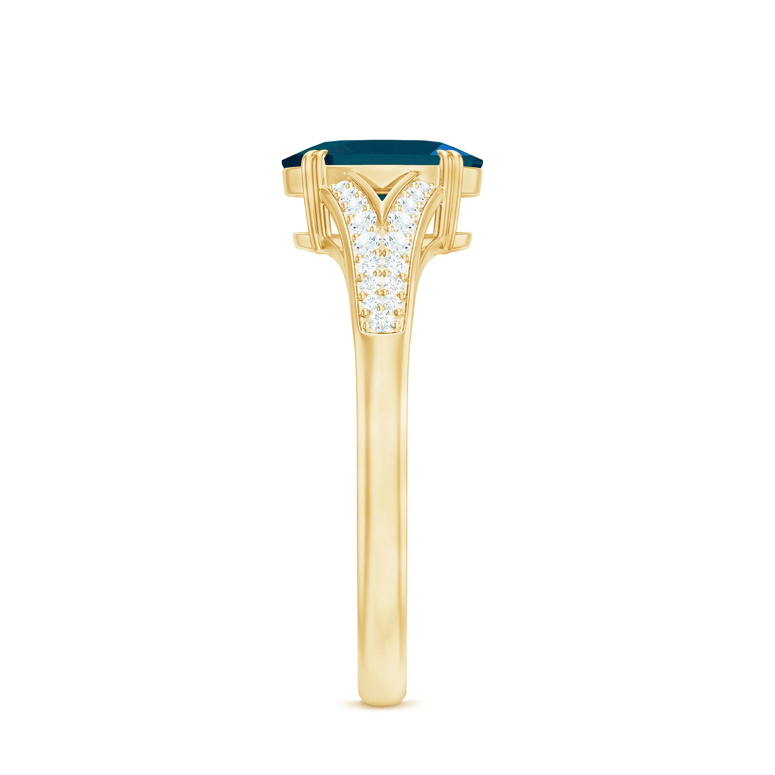 Oval Shape London Blue Topaz Solitaire Ring with Diamond Split Shank
