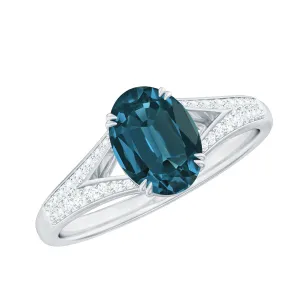 Oval Shape London Blue Topaz Solitaire Ring with Diamond Split Shank