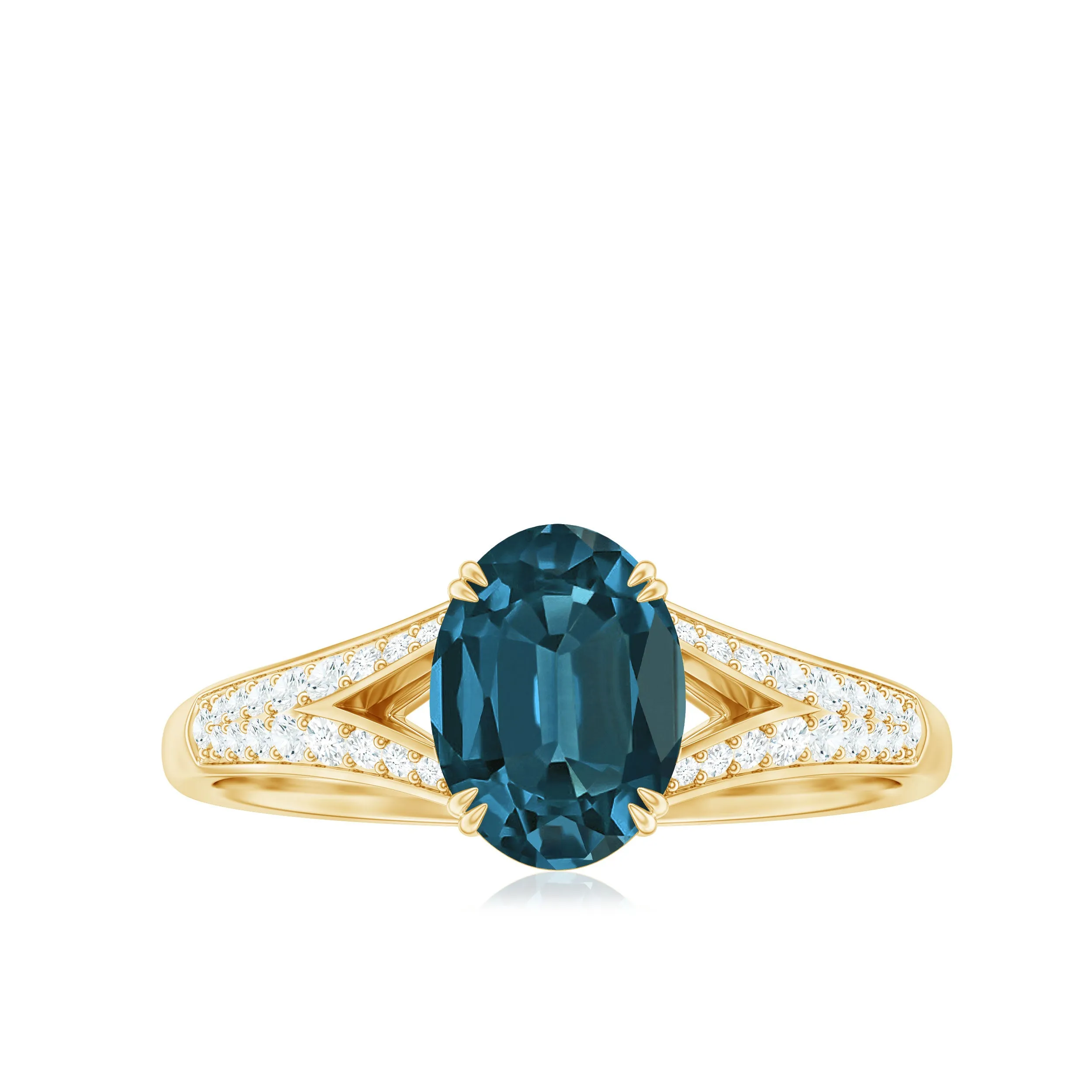 Oval Shape London Blue Topaz Solitaire Ring with Diamond Split Shank