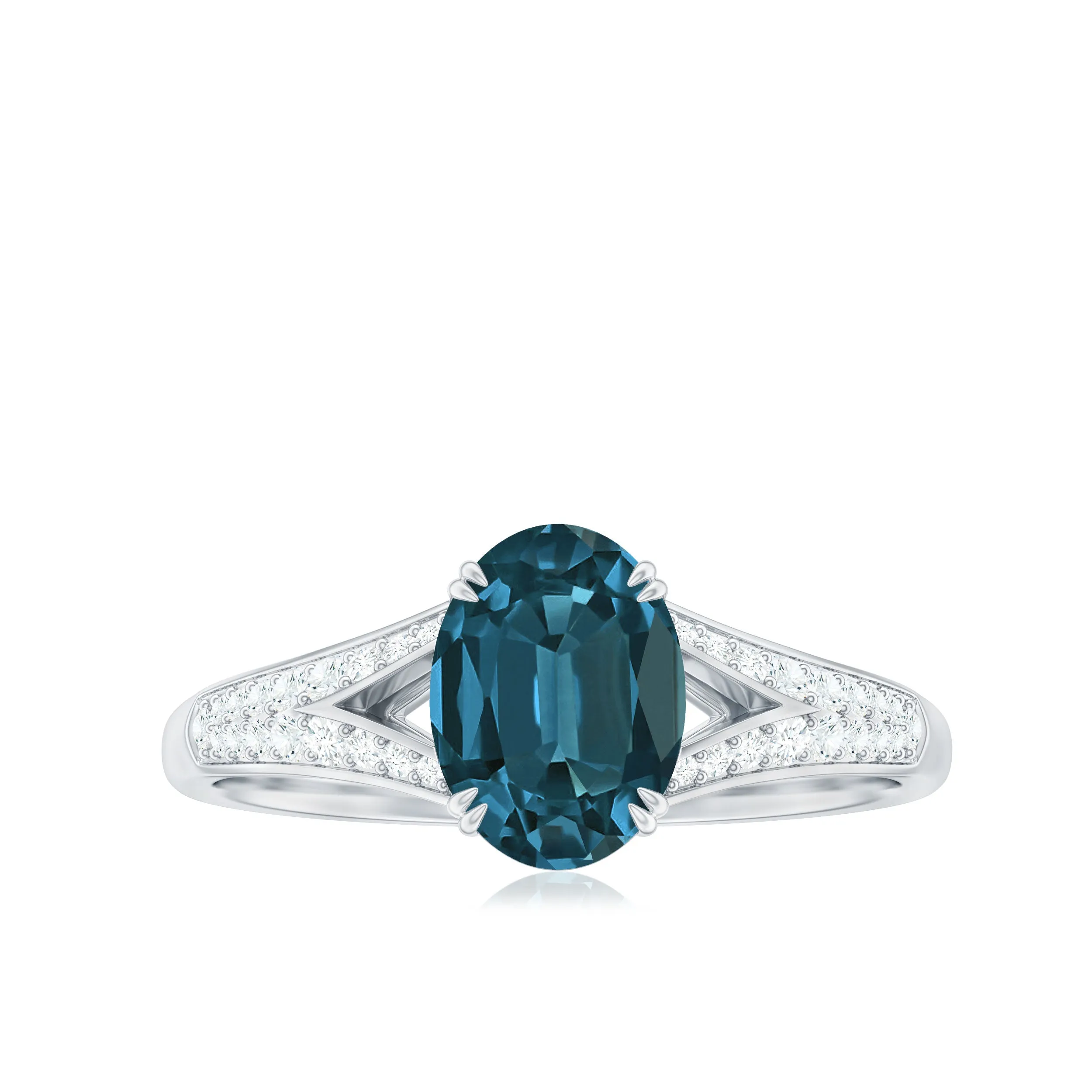 Oval Shape London Blue Topaz Solitaire Ring with Diamond Split Shank