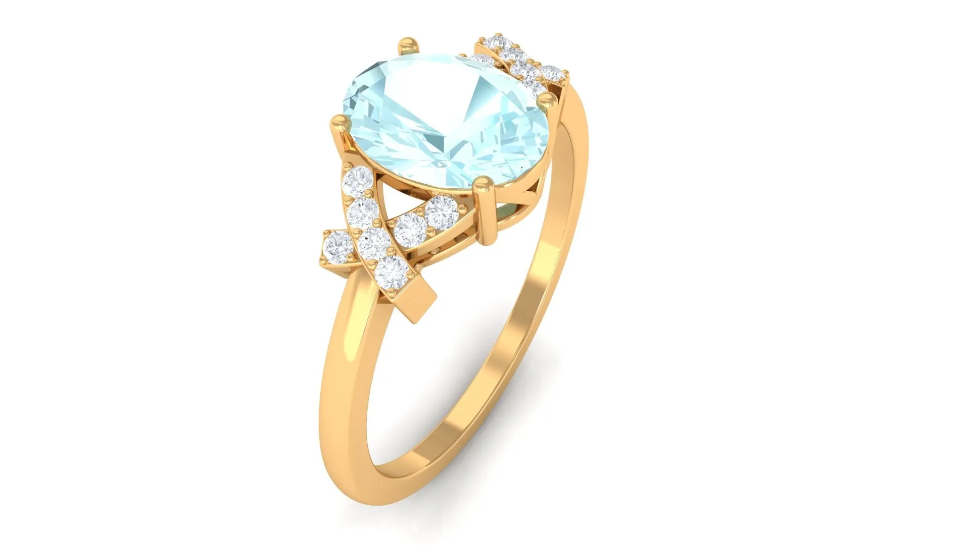 Oval Sky Blue Topaz Solitaire Split Shank Ring with Diamond