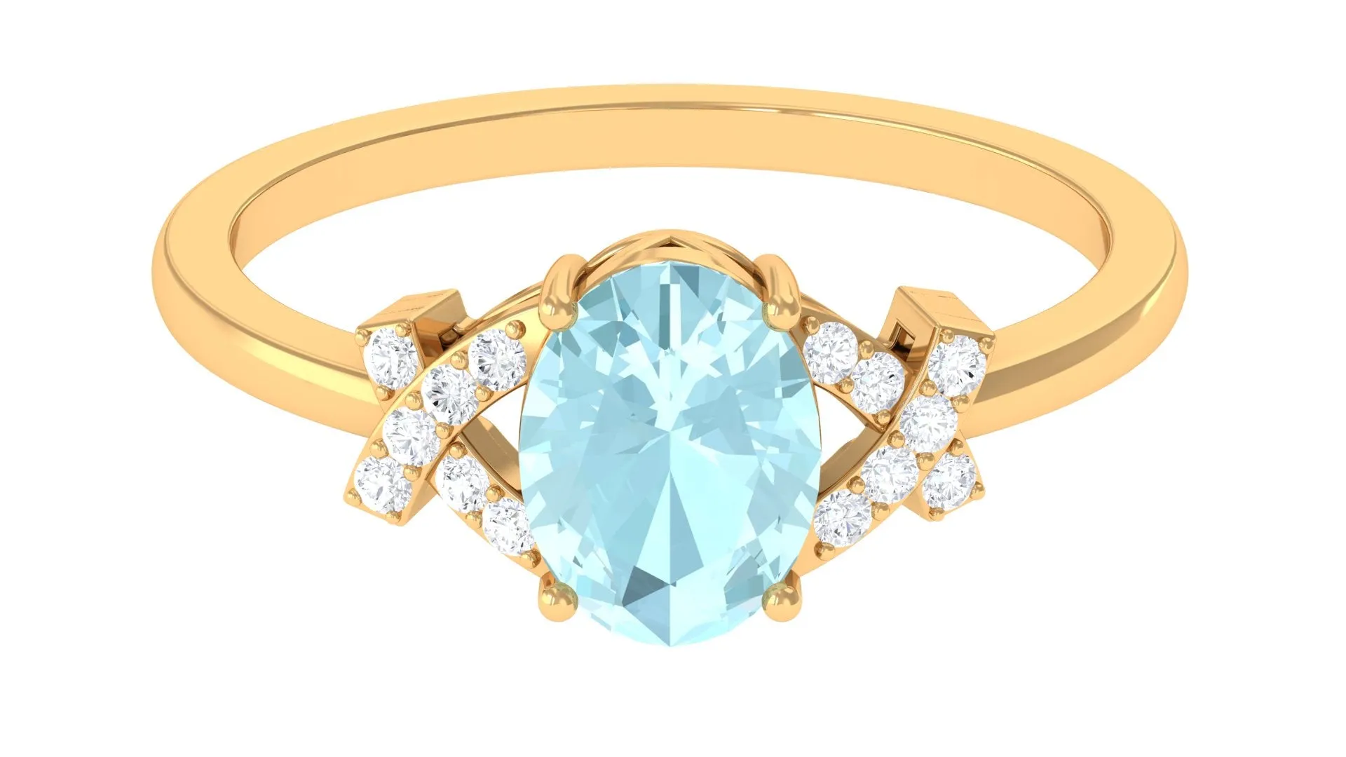 Oval Sky Blue Topaz Solitaire Split Shank Ring with Diamond