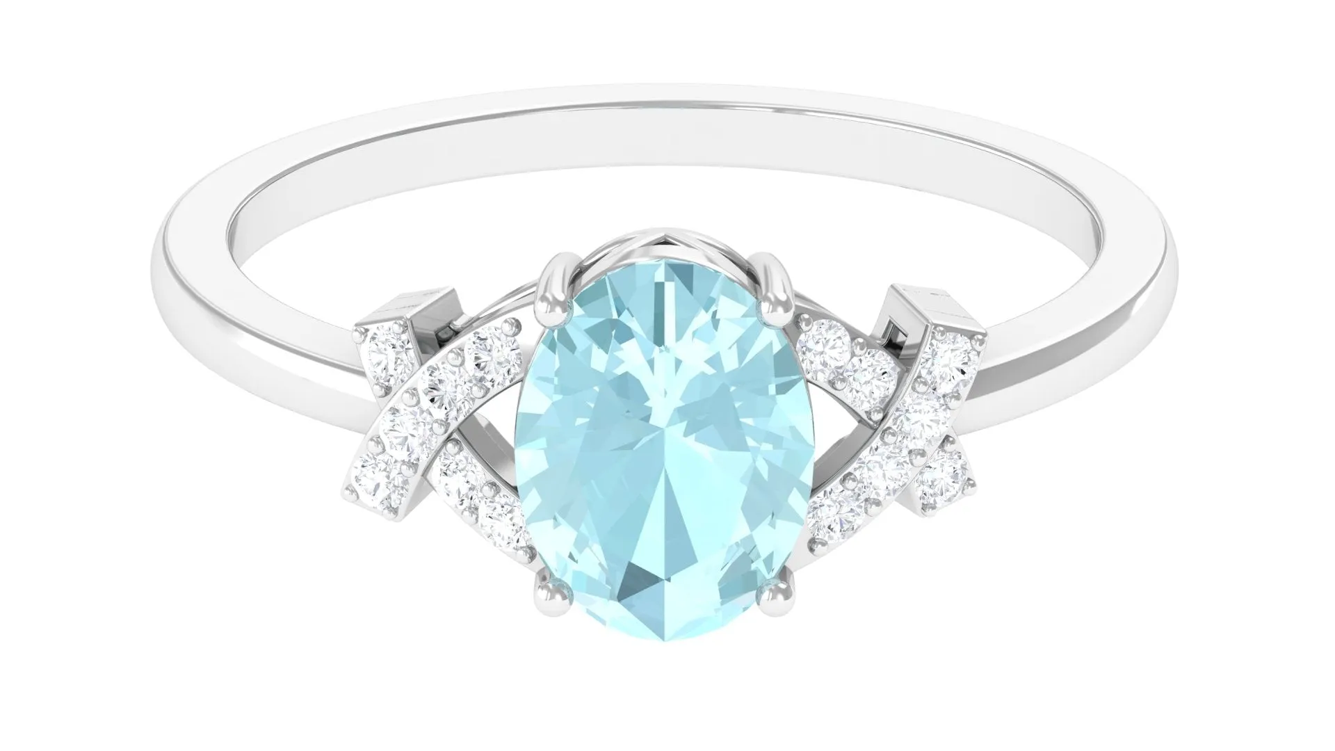 Oval Sky Blue Topaz Solitaire Split Shank Ring with Diamond