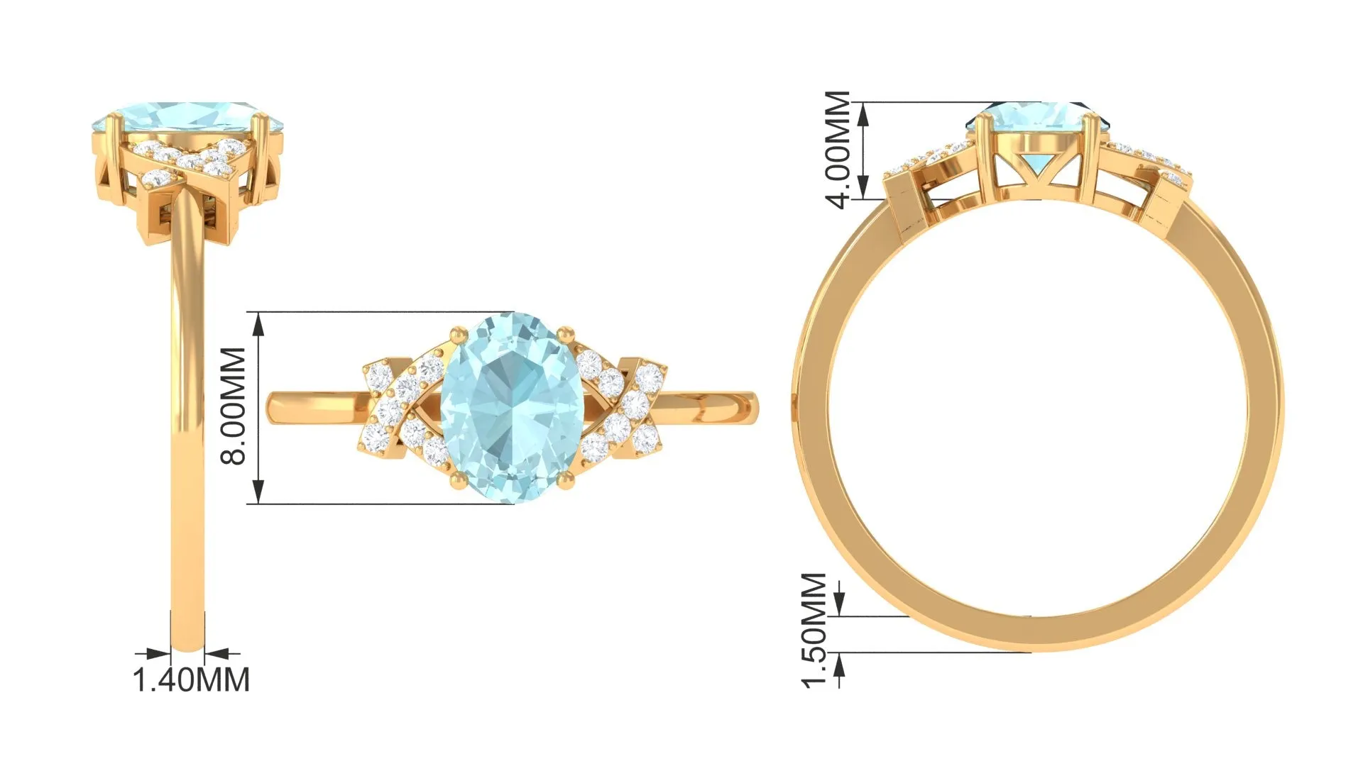 Oval Sky Blue Topaz Solitaire Split Shank Ring with Diamond
