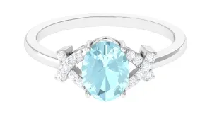 Oval Sky Blue Topaz Solitaire Split Shank Ring with Diamond