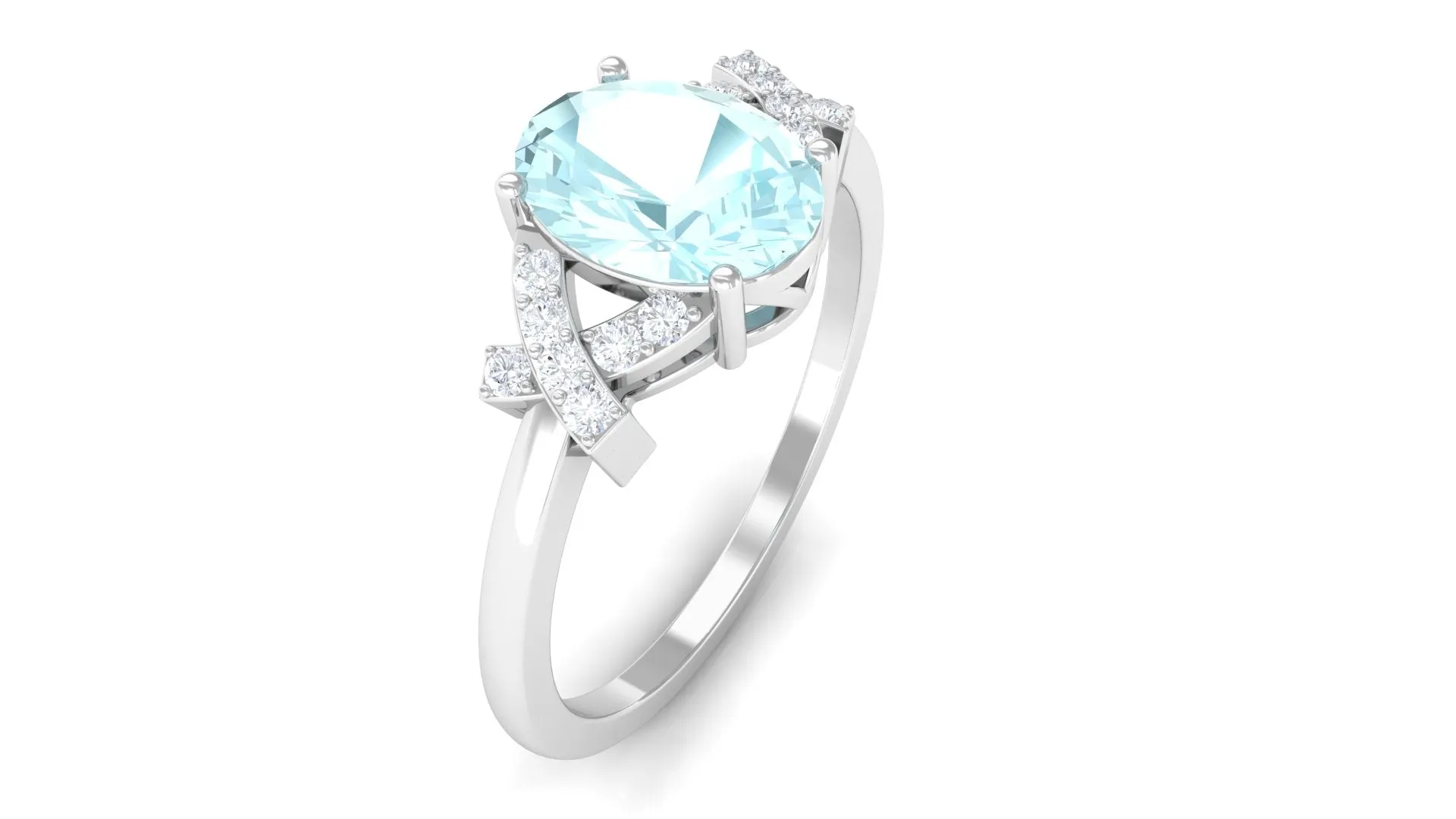 Oval Sky Blue Topaz Solitaire Split Shank Ring with Diamond