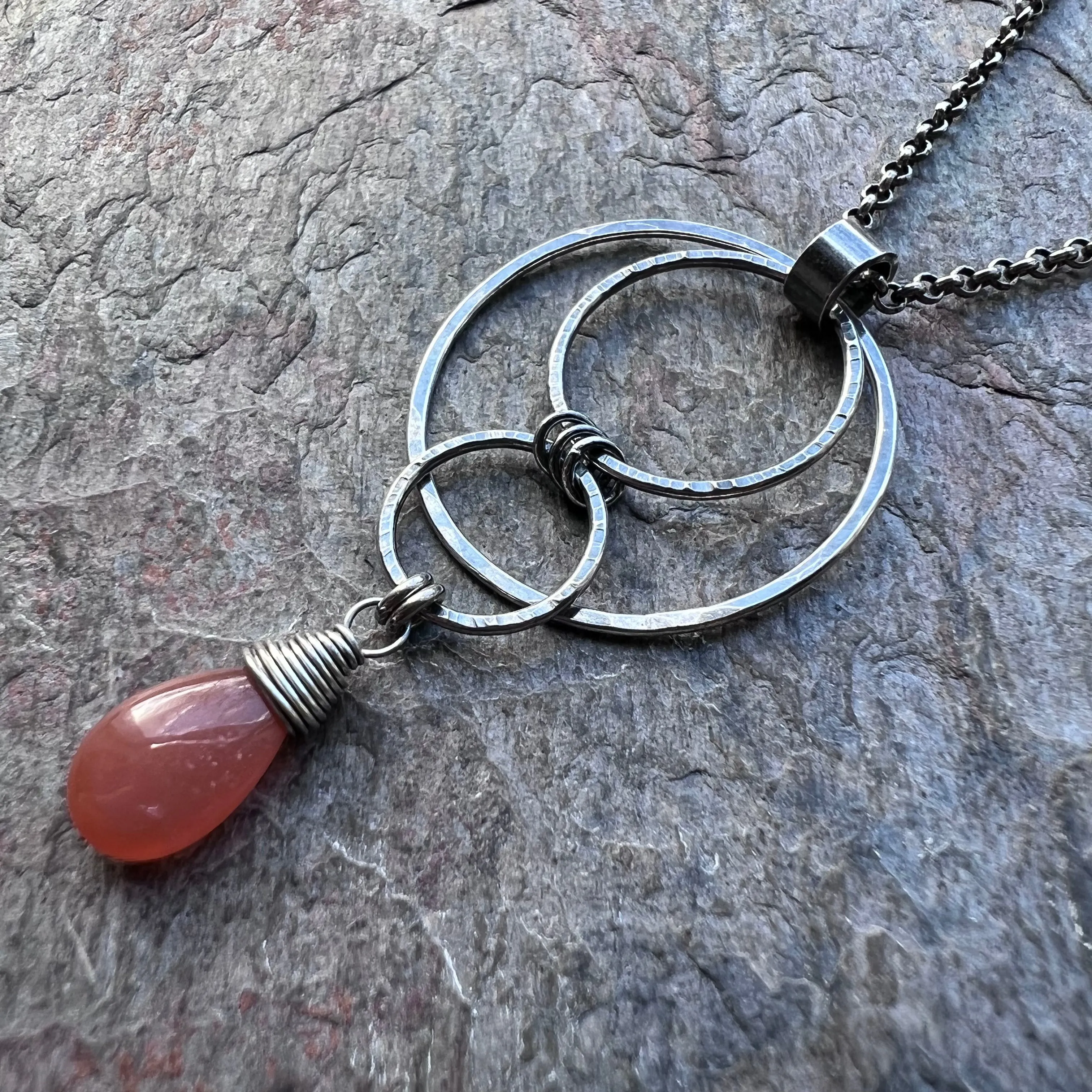 Peach Moonstone Sterling Silver Necklace - Peach Moonstone Teardrop and Hammered Circles Pendant on Sterling Silver Chain