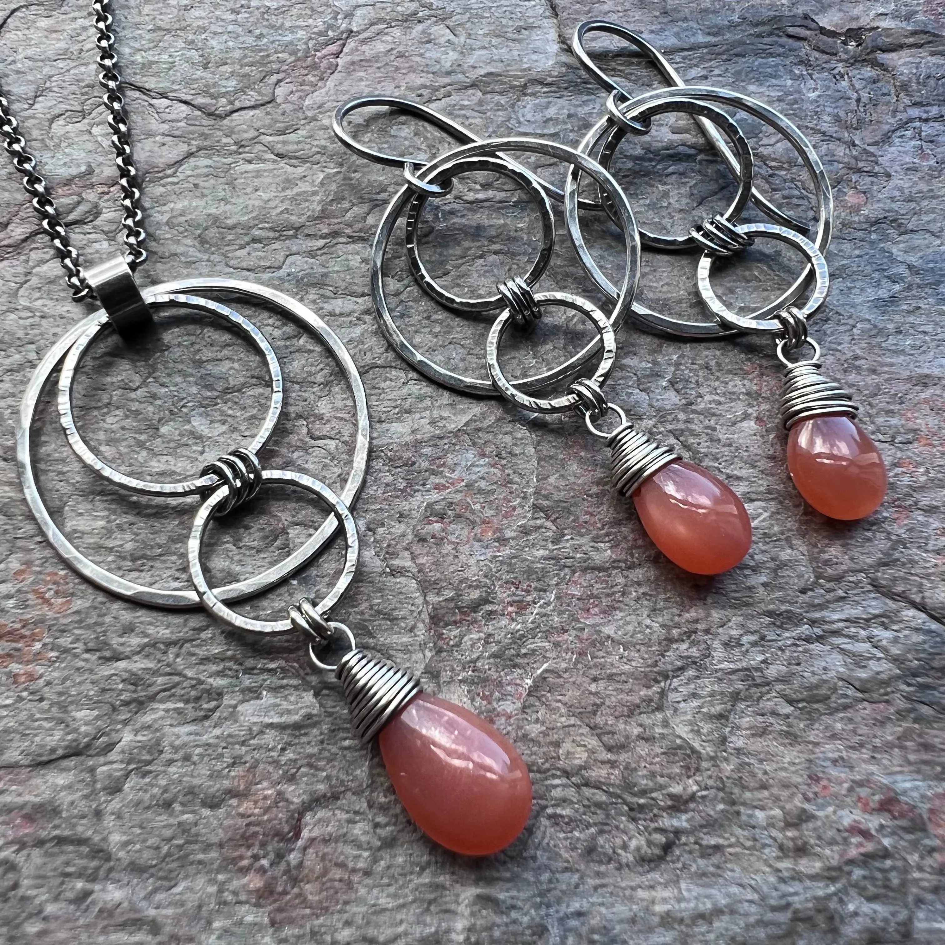 Peach Moonstone Sterling Silver Necklace - Peach Moonstone Teardrop and Hammered Circles Pendant on Sterling Silver Chain