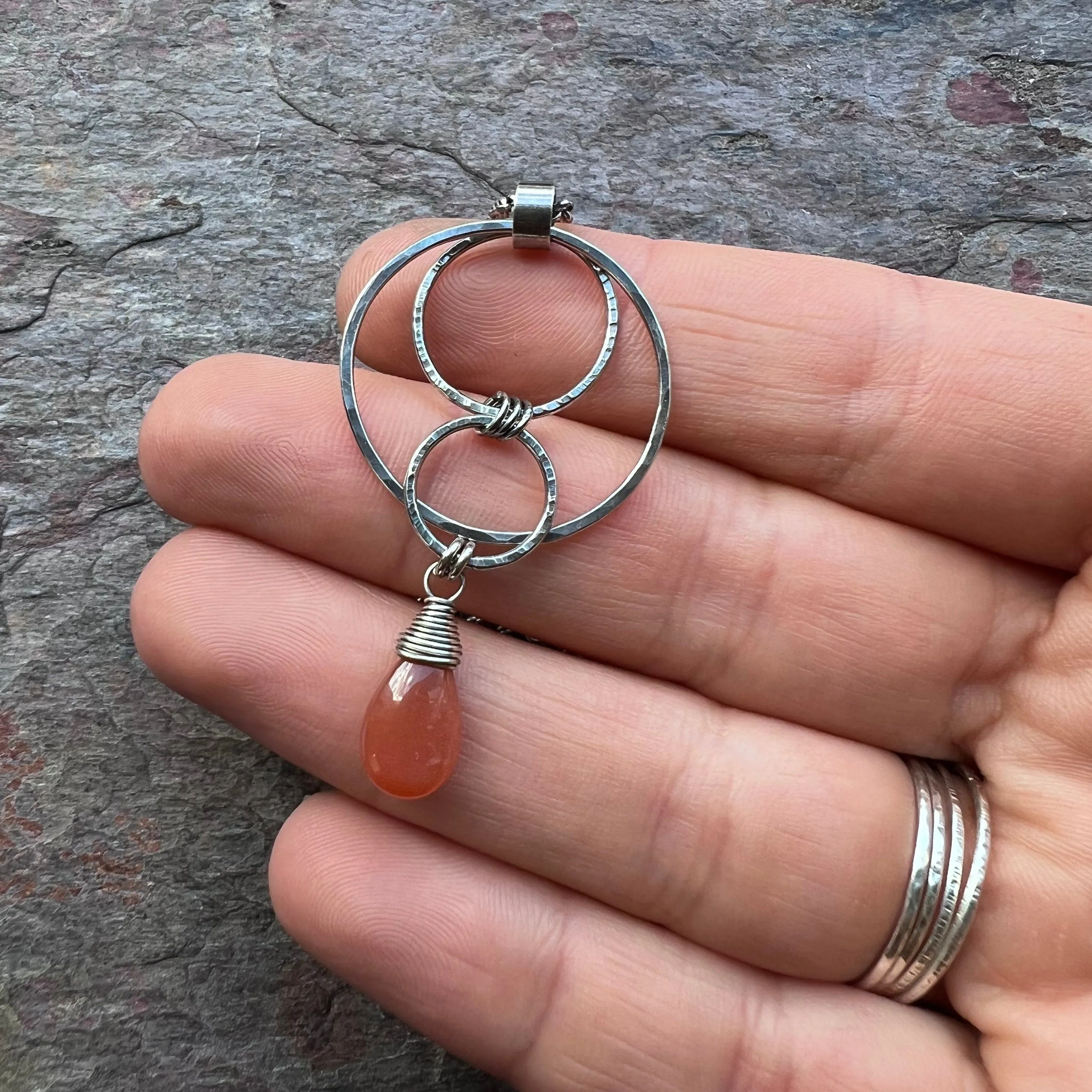 Peach Moonstone Sterling Silver Necklace - Peach Moonstone Teardrop and Hammered Circles Pendant on Sterling Silver Chain