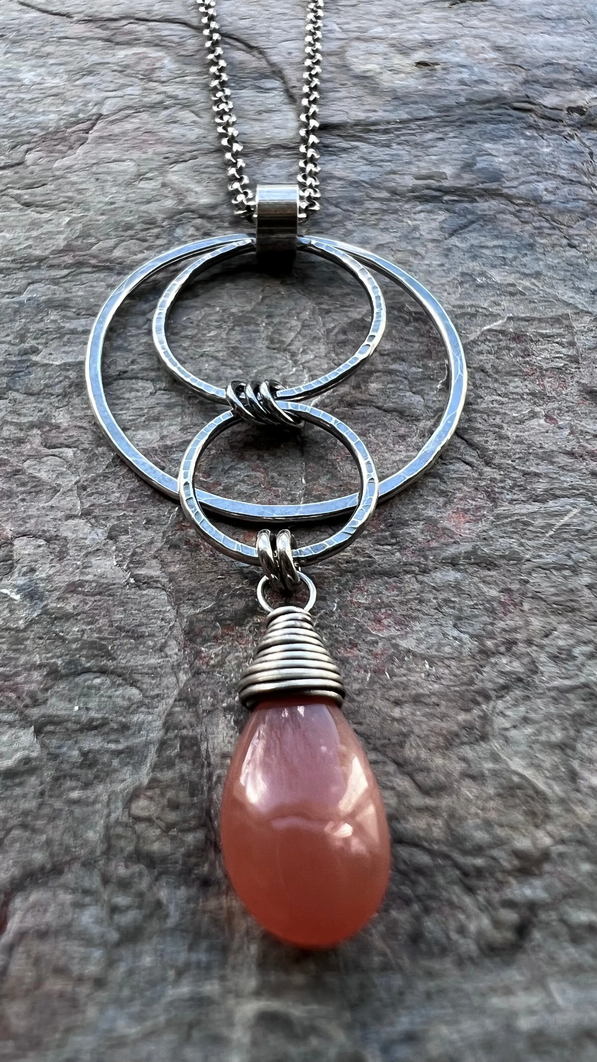 Peach Moonstone Sterling Silver Necklace - Peach Moonstone Teardrop and Hammered Circles Pendant on Sterling Silver Chain
