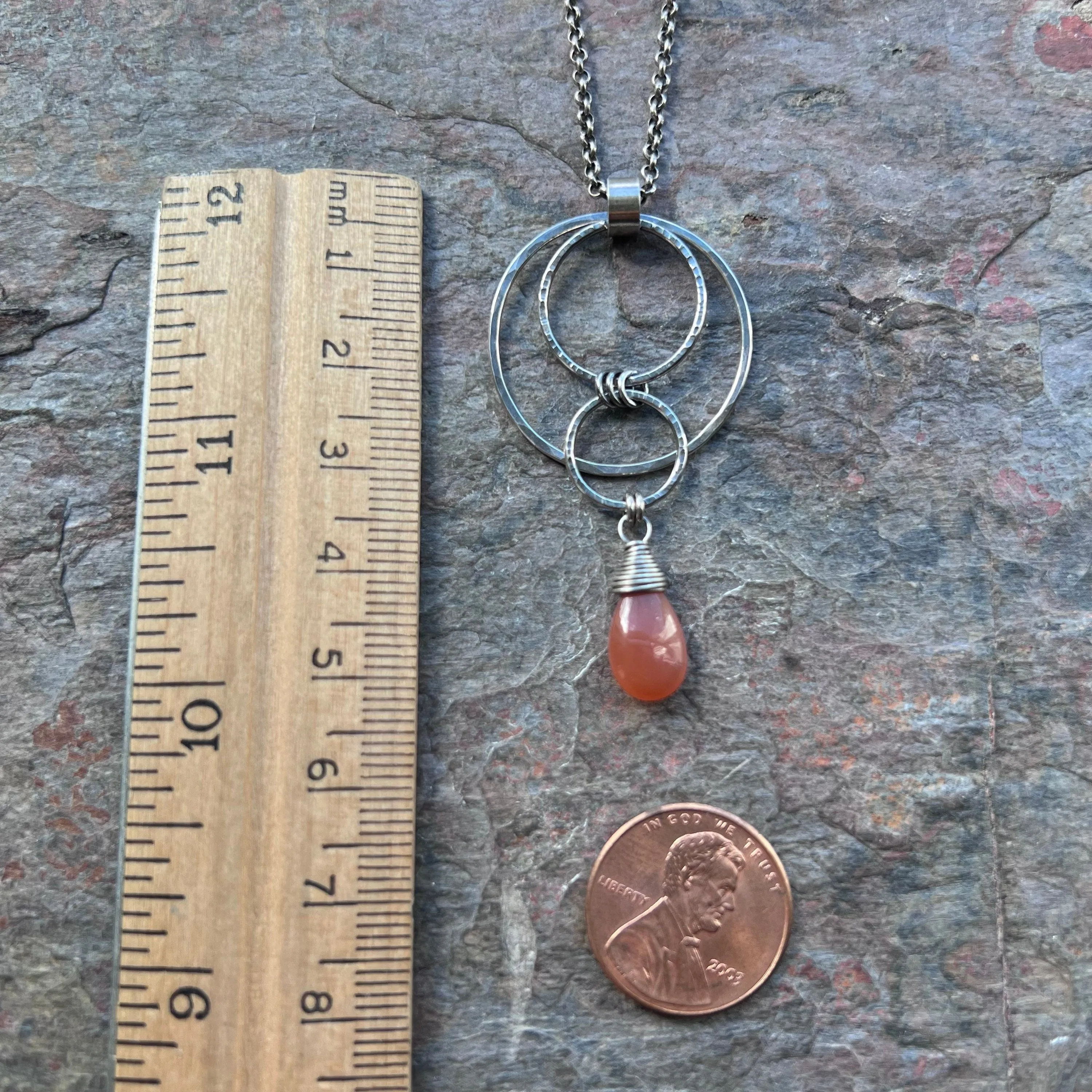 Peach Moonstone Sterling Silver Necklace - Peach Moonstone Teardrop and Hammered Circles Pendant on Sterling Silver Chain