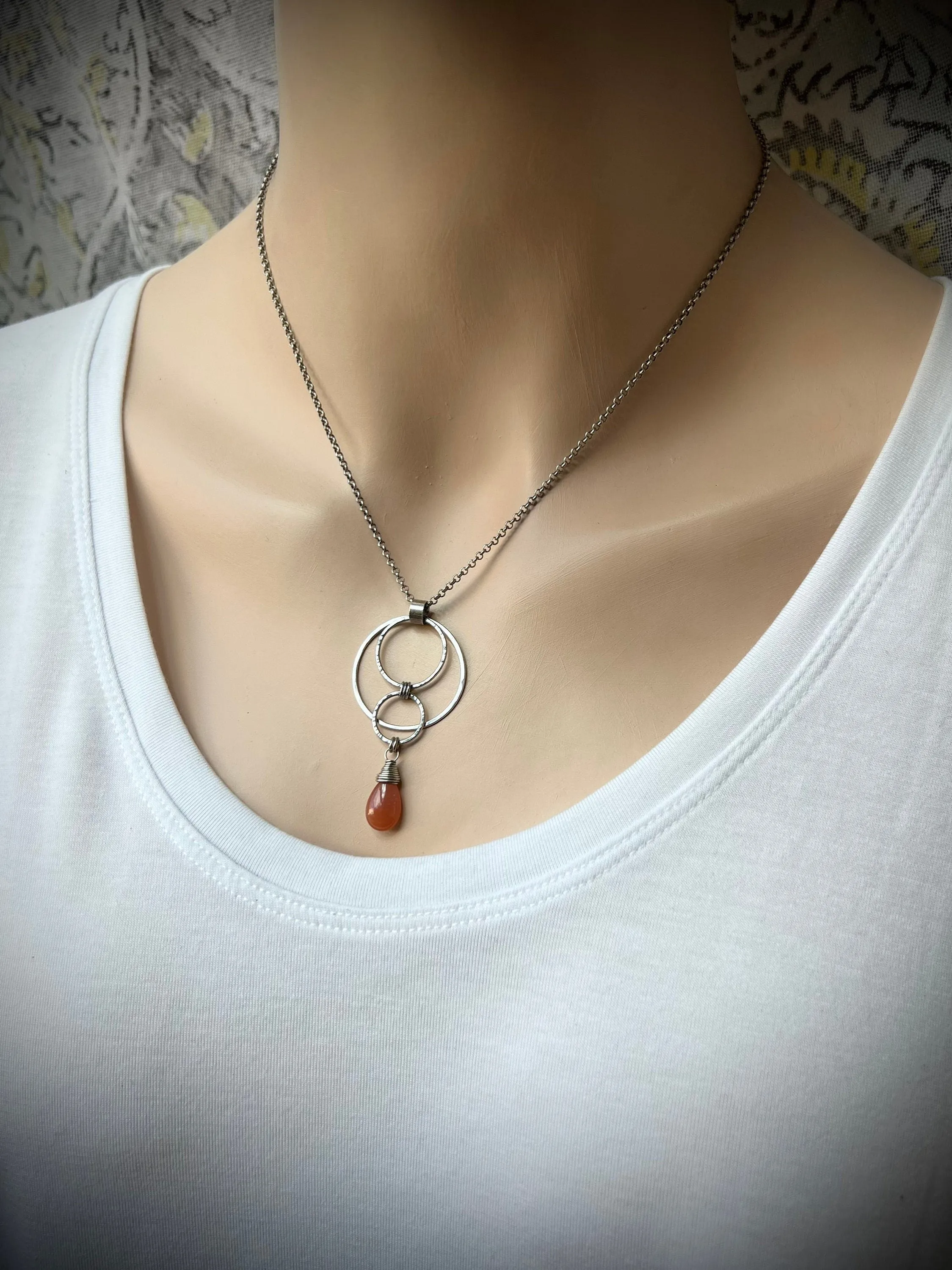 Peach Moonstone Sterling Silver Necklace - Peach Moonstone Teardrop and Hammered Circles Pendant on Sterling Silver Chain