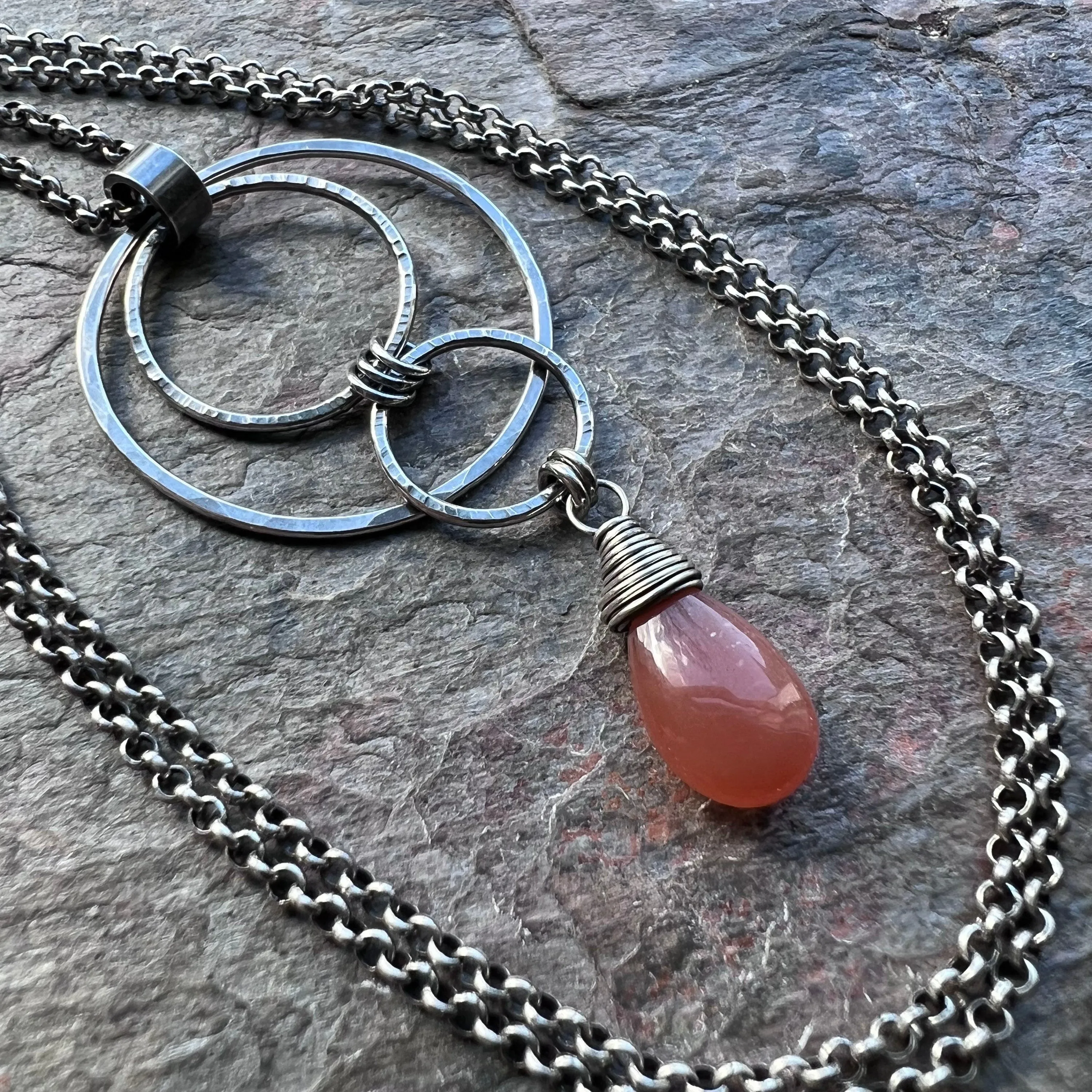 Peach Moonstone Sterling Silver Necklace - Peach Moonstone Teardrop and Hammered Circles Pendant on Sterling Silver Chain