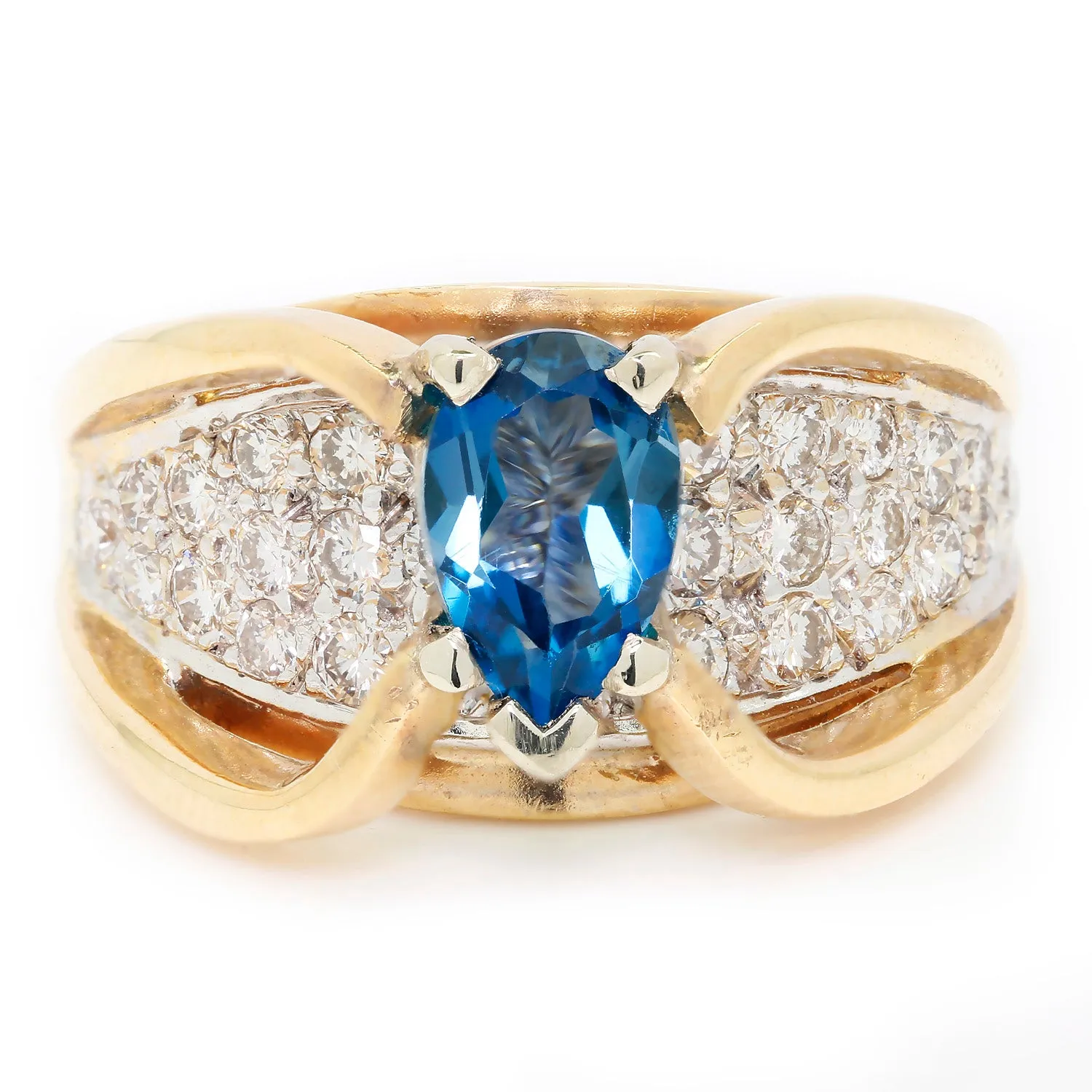 Pear Cut Blue Topaz Ring with Diamonds 14K 2-Tone Gold 1.75ctw