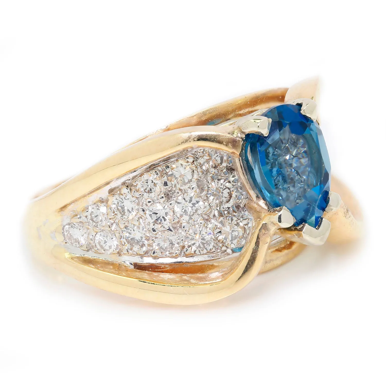 Pear Cut Blue Topaz Ring with Diamonds 14K 2-Tone Gold 1.75ctw