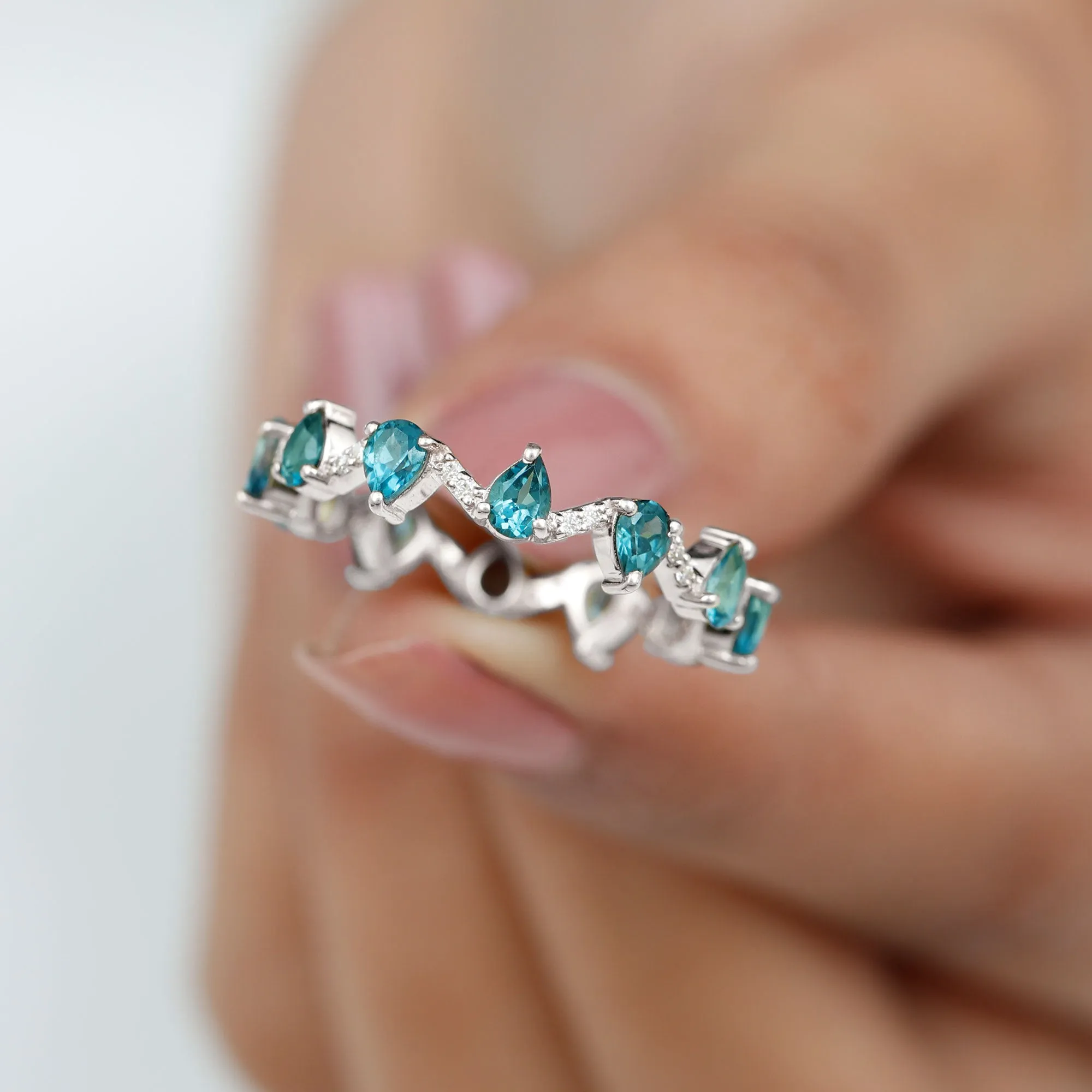 Pear Cut London Blue Topaz and Diamond Eternity Wedding Band