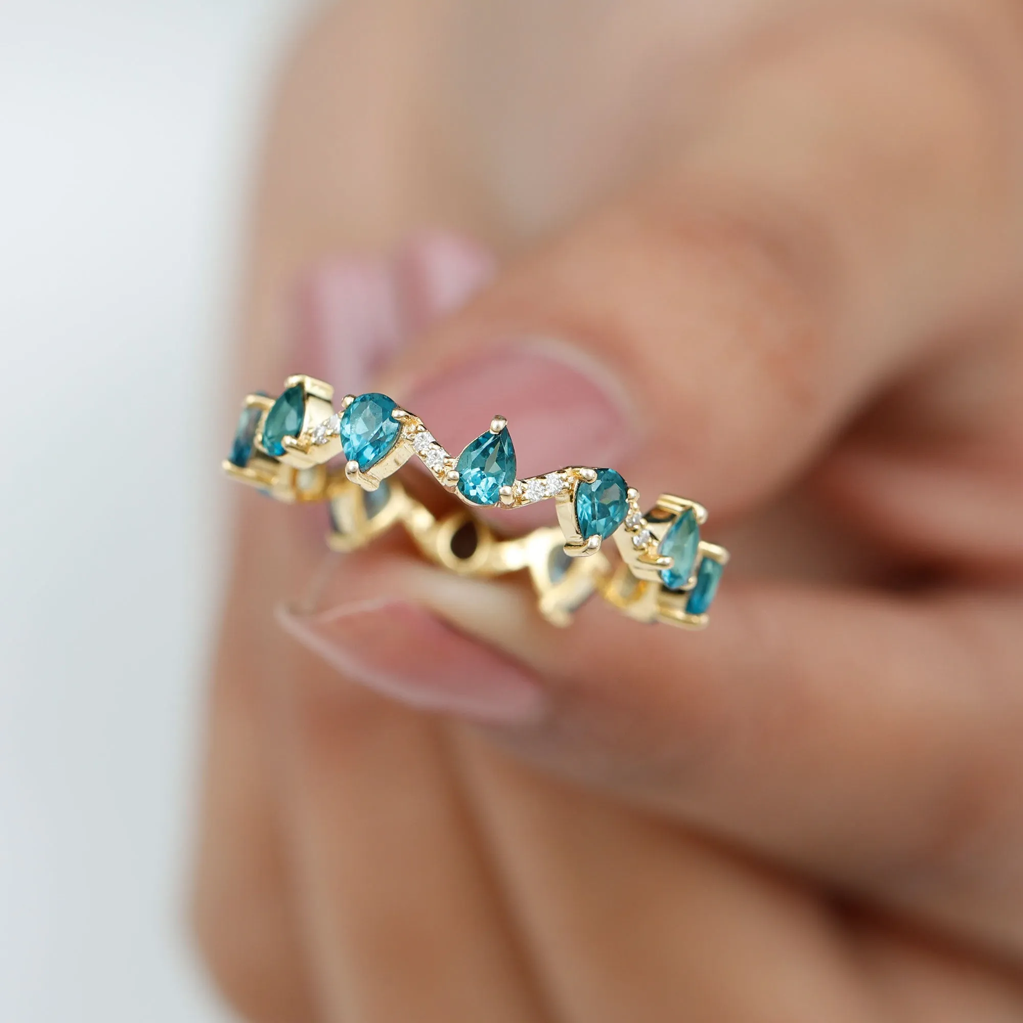 Pear Cut London Blue Topaz and Diamond Eternity Wedding Band