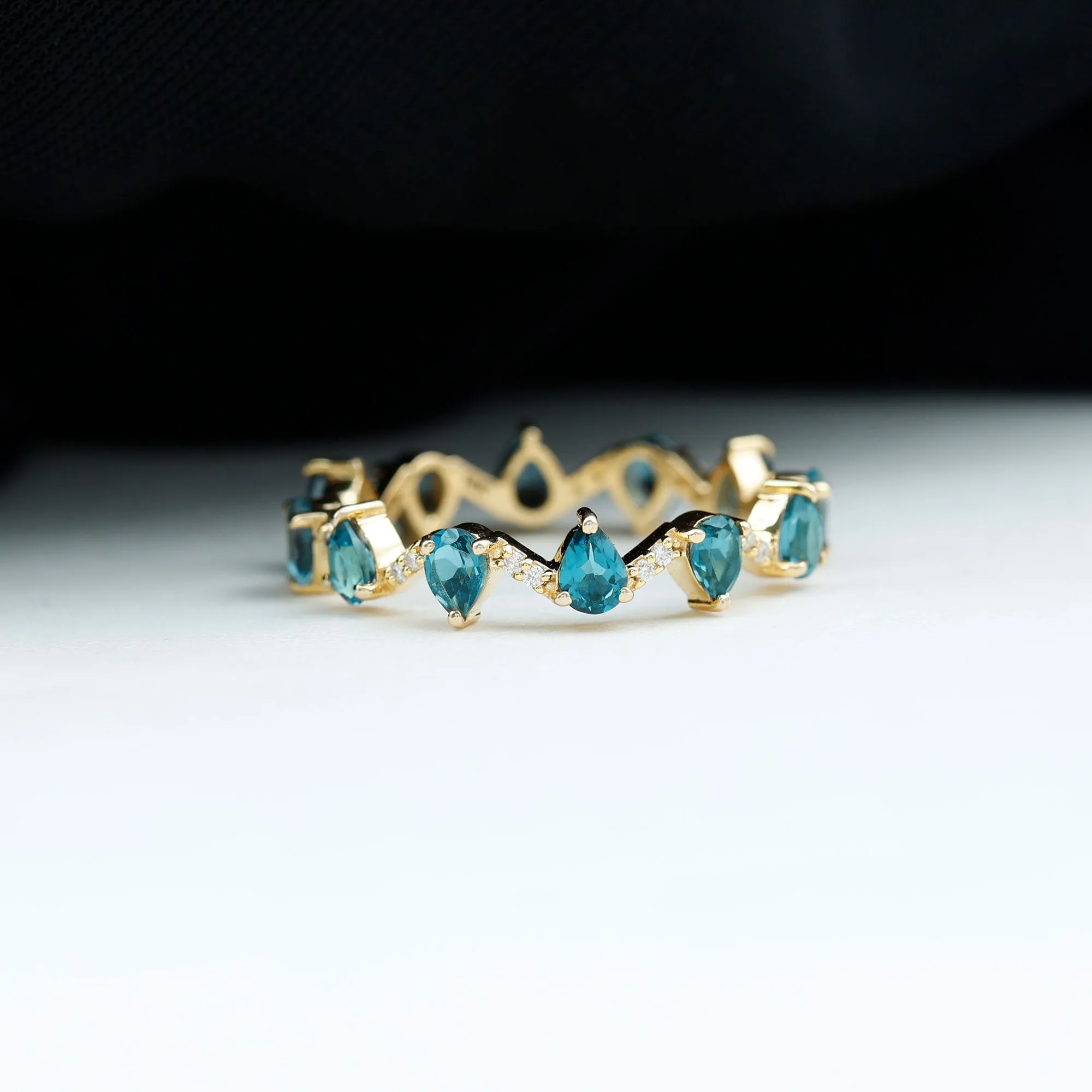 Pear Cut London Blue Topaz and Diamond Eternity Wedding Band
