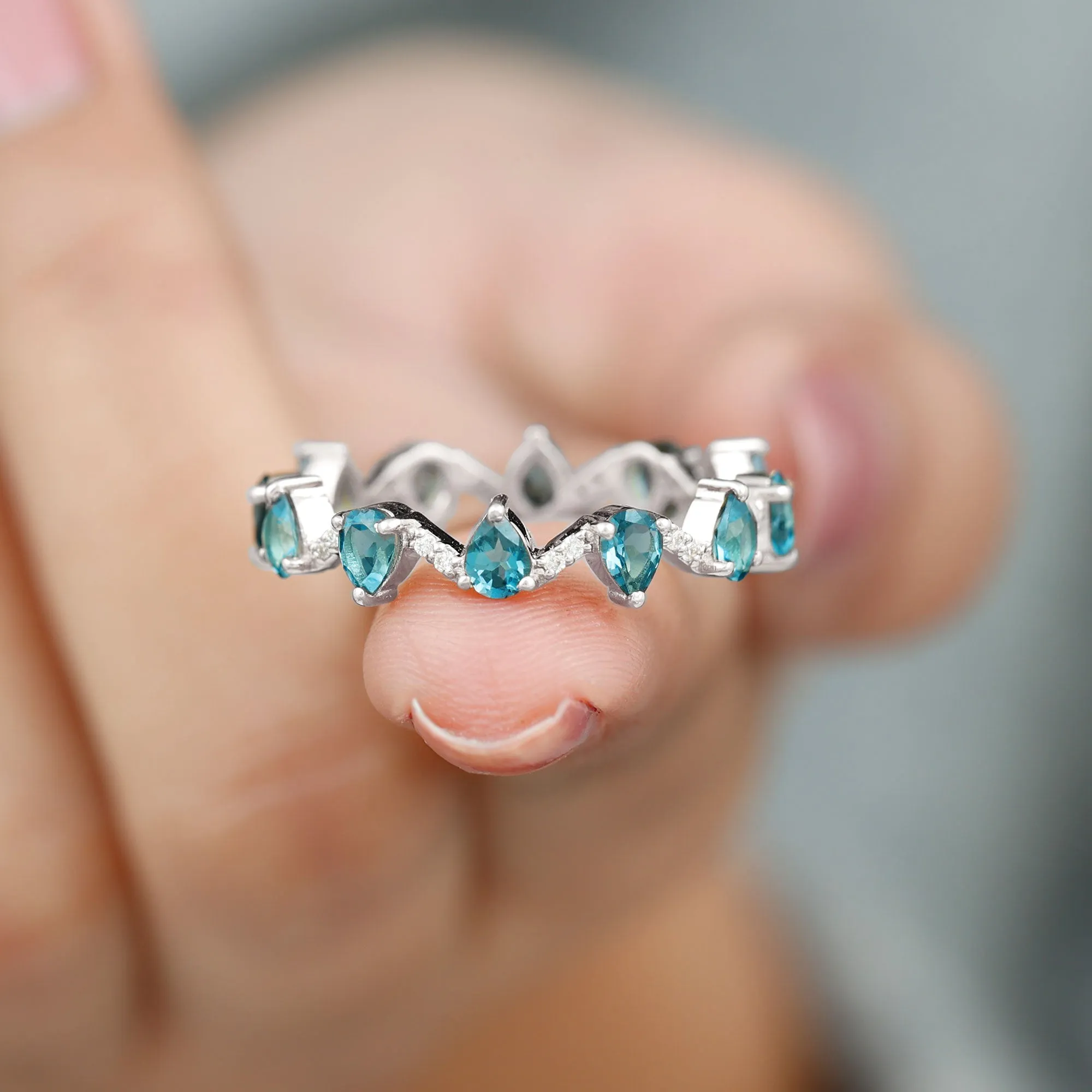 Pear Cut London Blue Topaz and Diamond Eternity Wedding Band