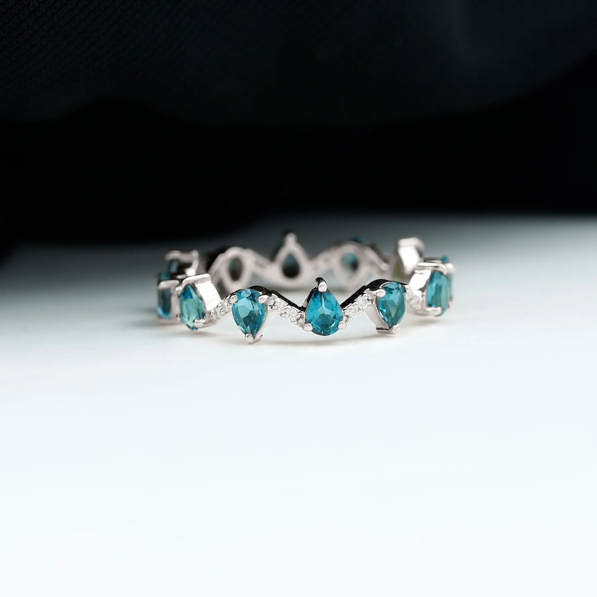Pear Cut London Blue Topaz and Diamond Eternity Wedding Band