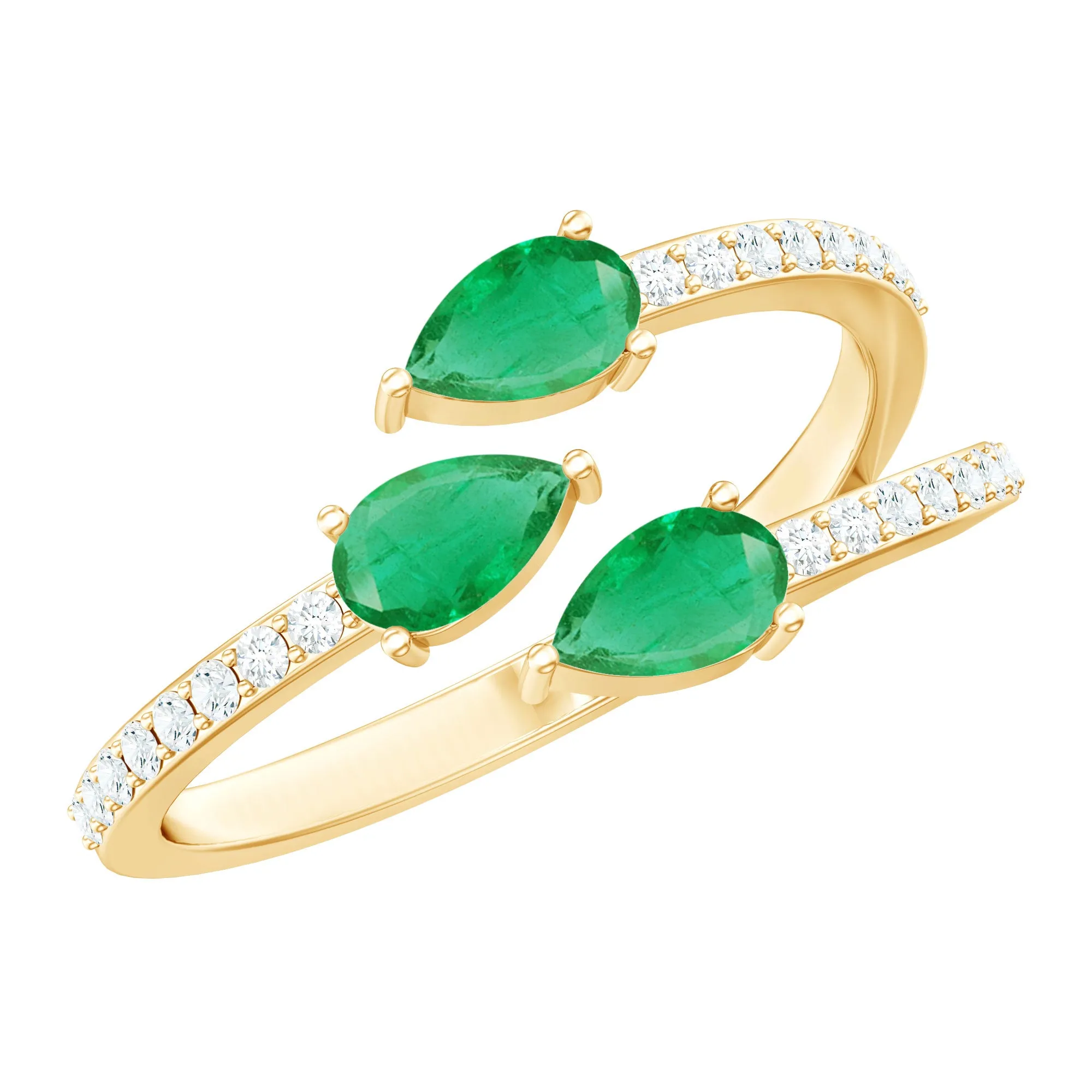 Pear Shape Natural Emerald 3 Stone Wrap Ring with Diamond