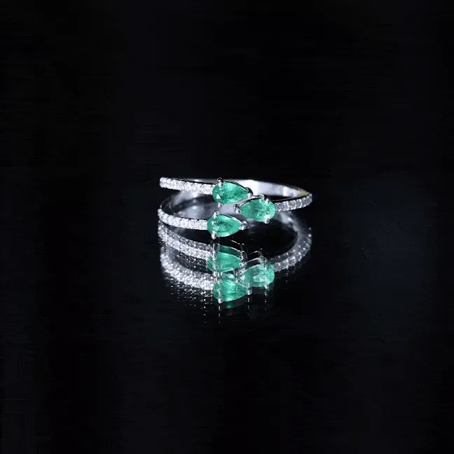 Pear Shape Natural Emerald 3 Stone Wrap Ring with Diamond