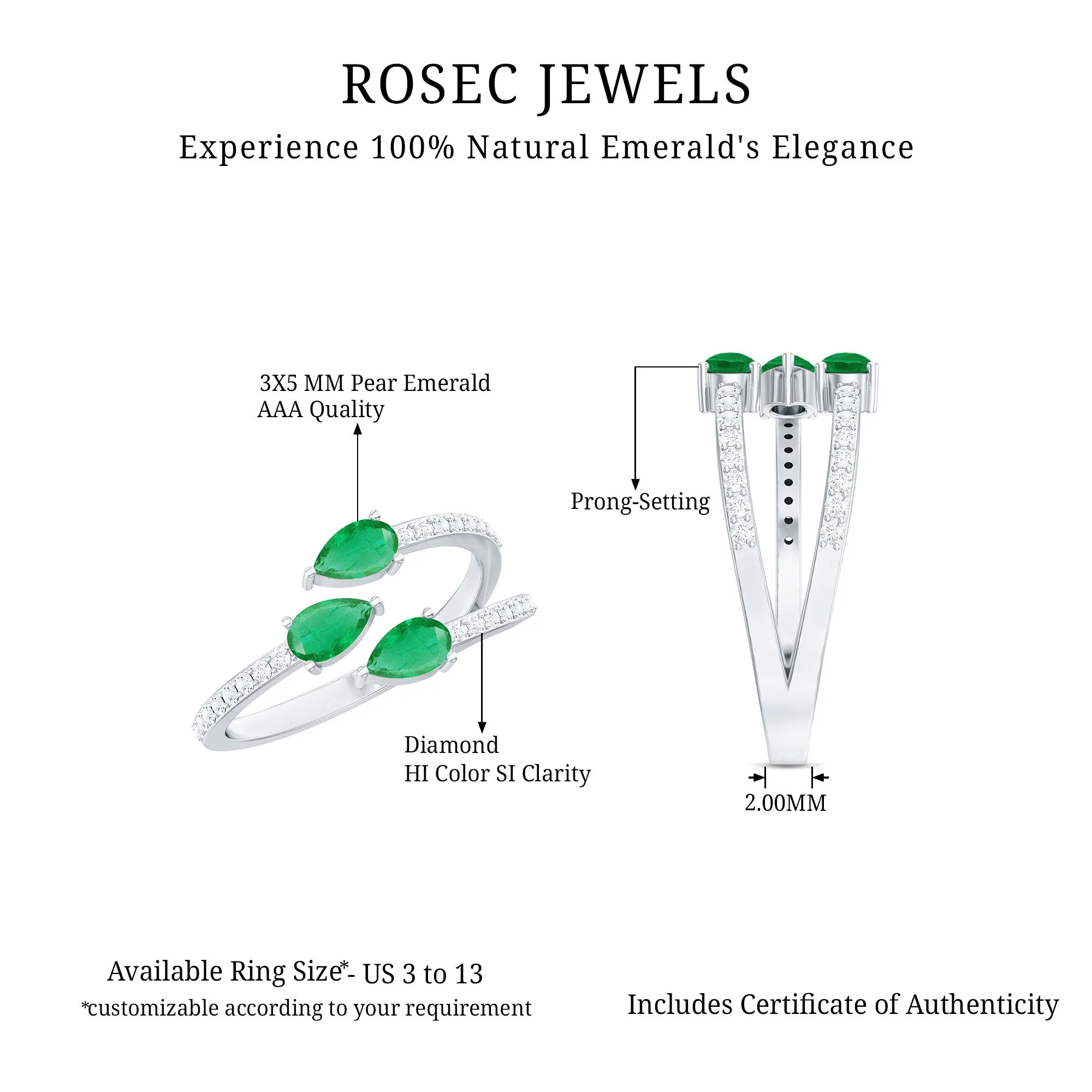 Pear Shape Natural Emerald 3 Stone Wrap Ring with Diamond
