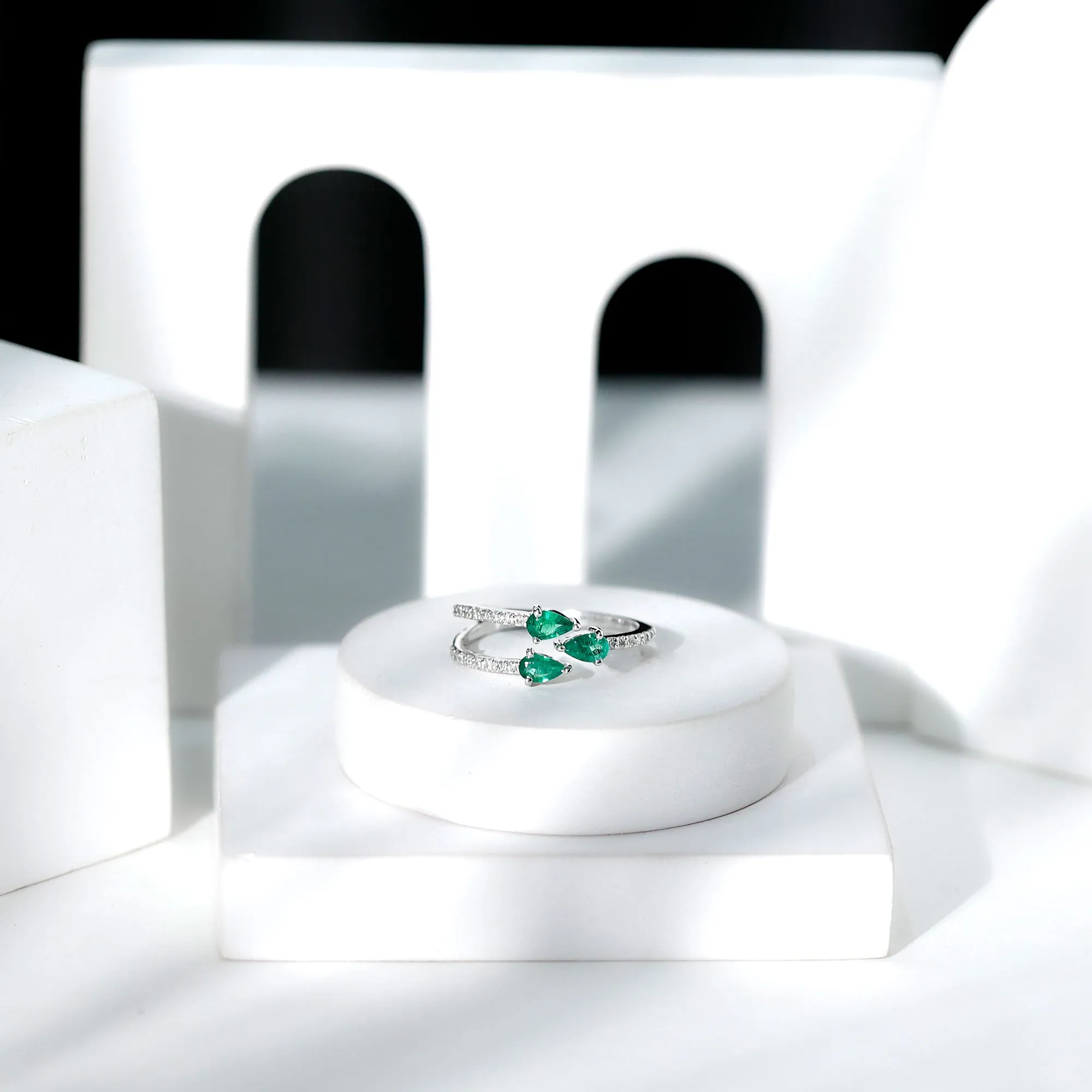 Pear Shape Natural Emerald 3 Stone Wrap Ring with Diamond