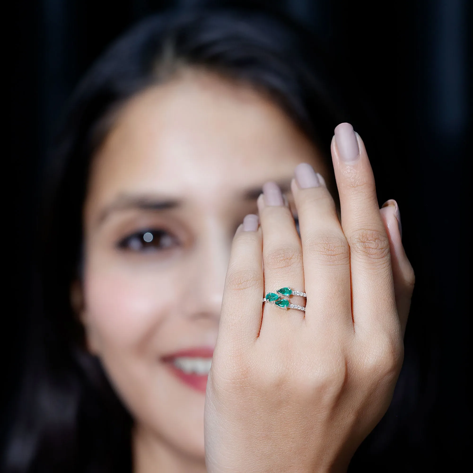 Pear Shape Natural Emerald 3 Stone Wrap Ring with Diamond