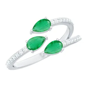 Pear Shape Natural Emerald 3 Stone Wrap Ring with Diamond