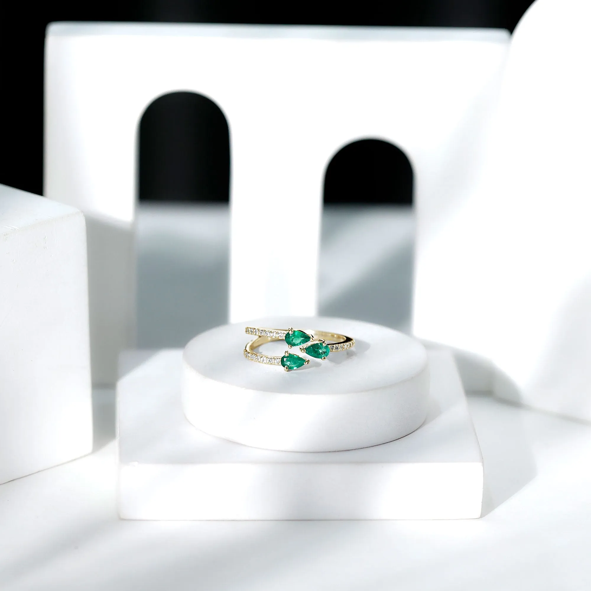 Pear Shape Natural Emerald 3 Stone Wrap Ring with Diamond