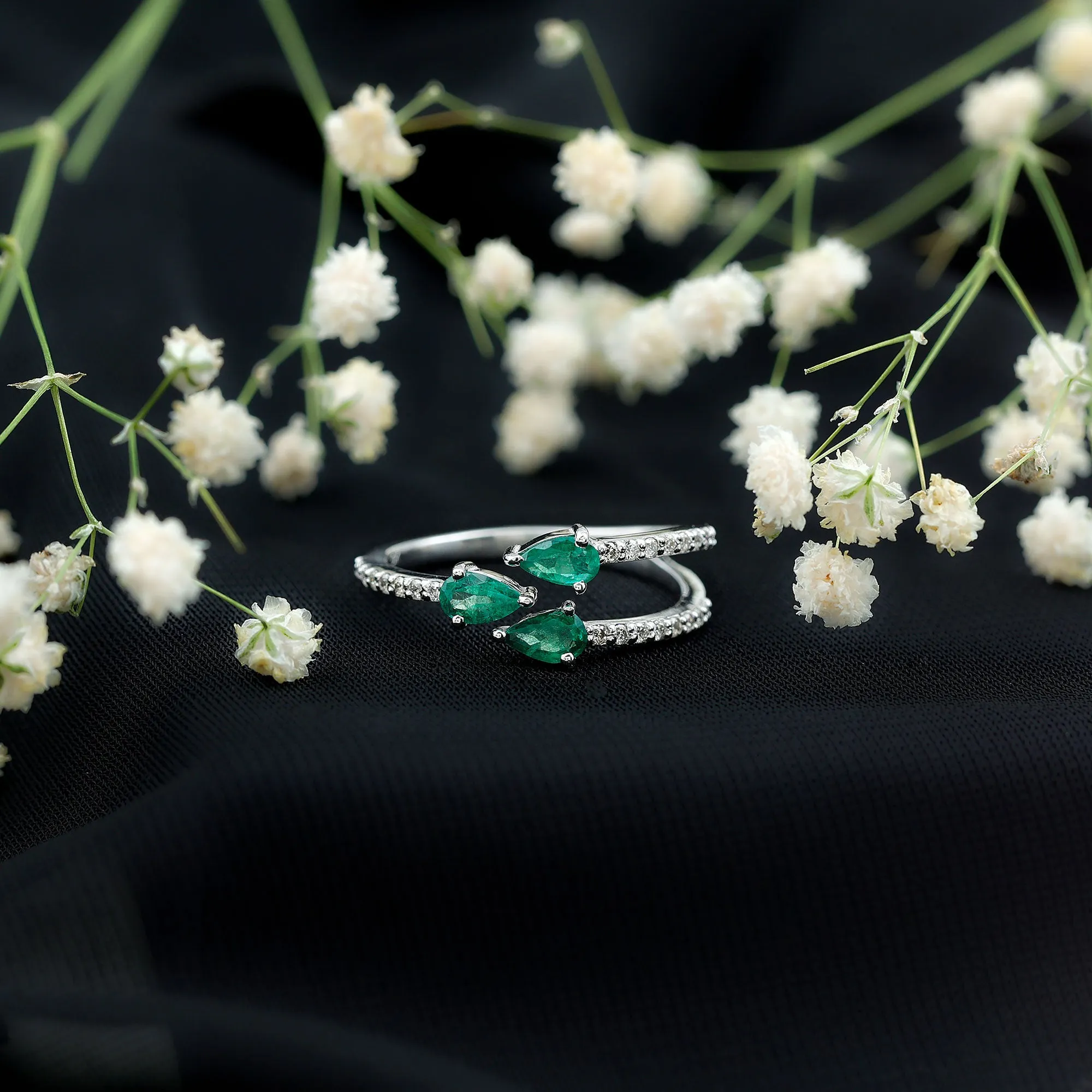 Pear Shape Natural Emerald 3 Stone Wrap Ring with Diamond