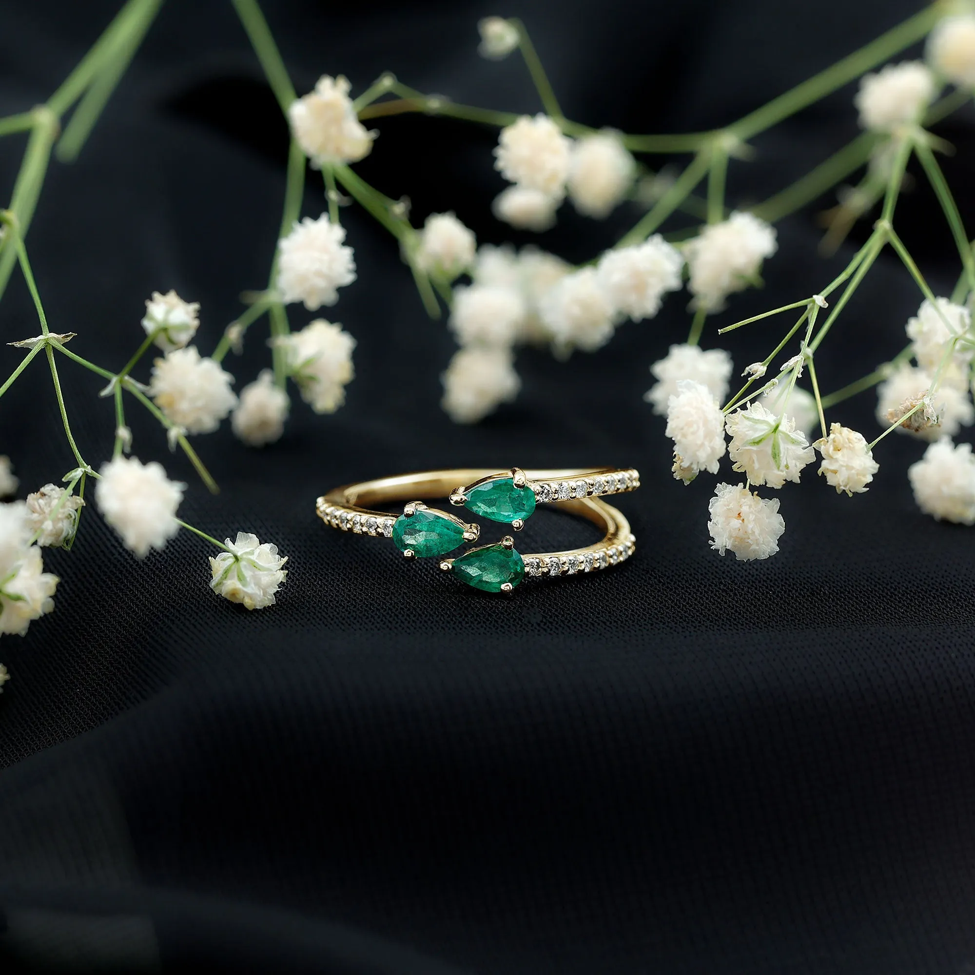 Pear Shape Natural Emerald 3 Stone Wrap Ring with Diamond