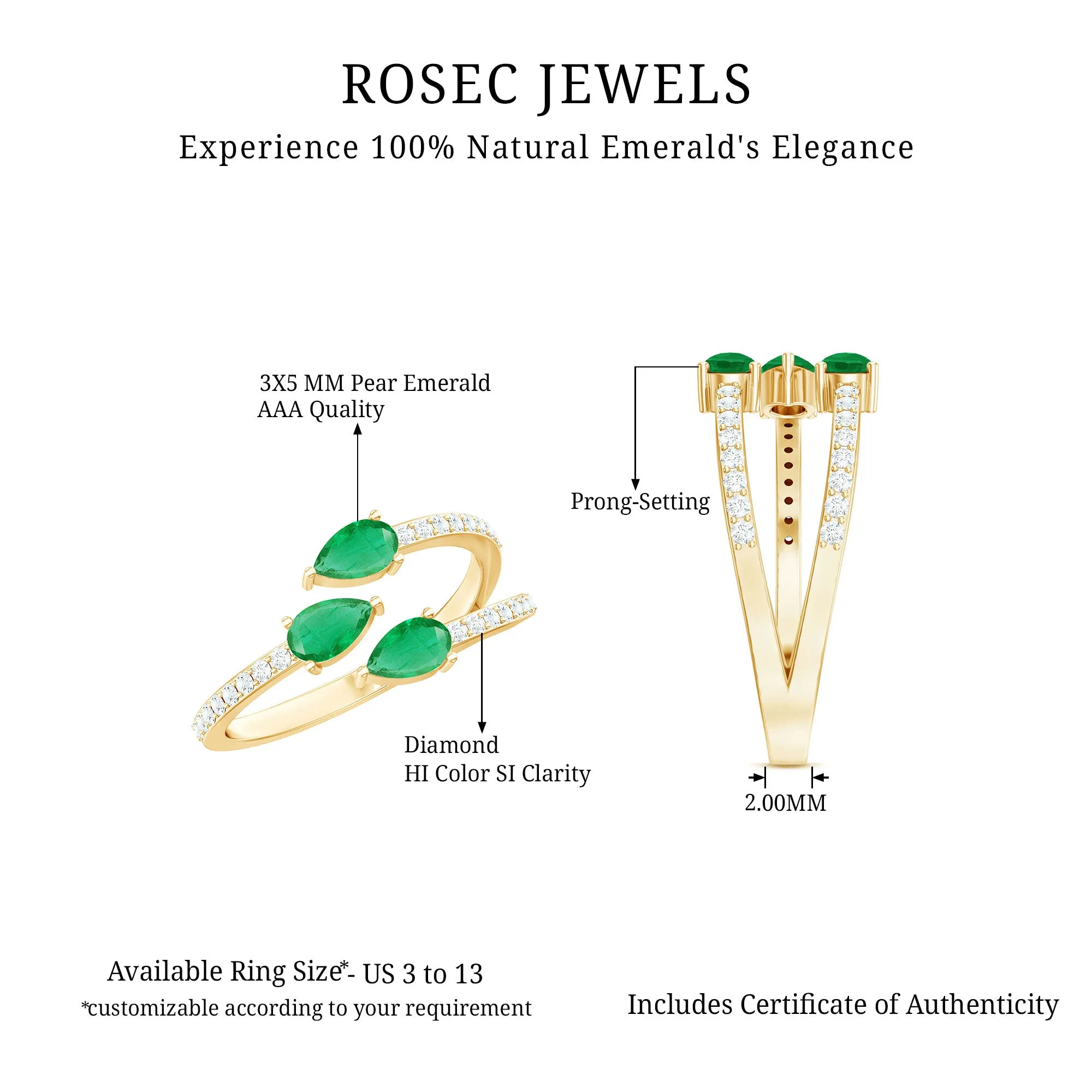 Pear Shape Natural Emerald 3 Stone Wrap Ring with Diamond