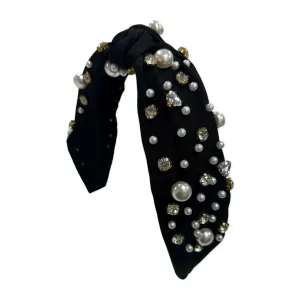 Pearl & Rhinestone Knot Headband - Black