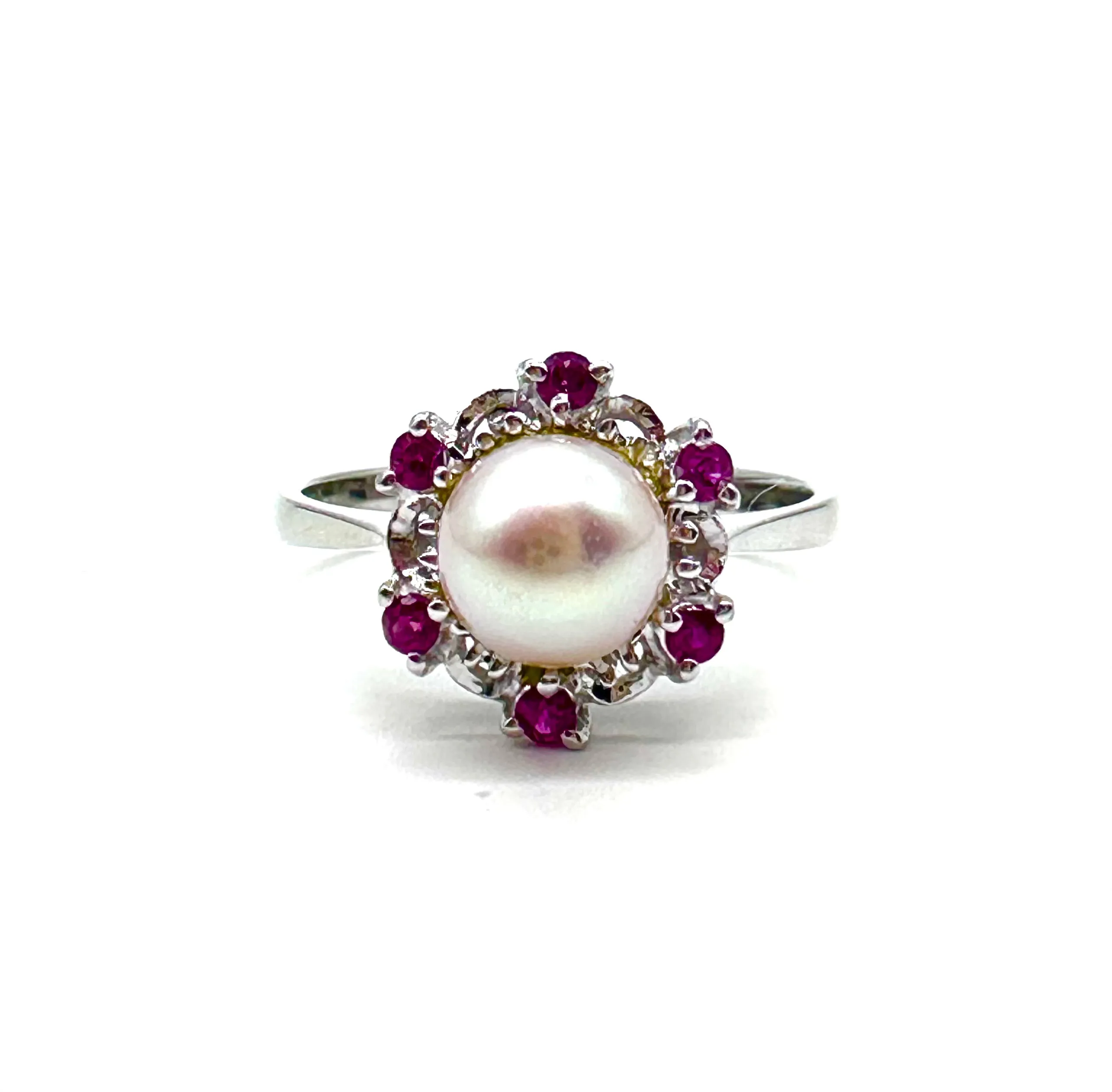 Pearl and Ruby halo ring