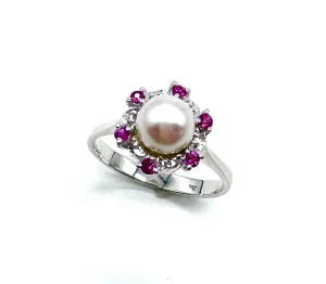Pearl and Ruby halo ring