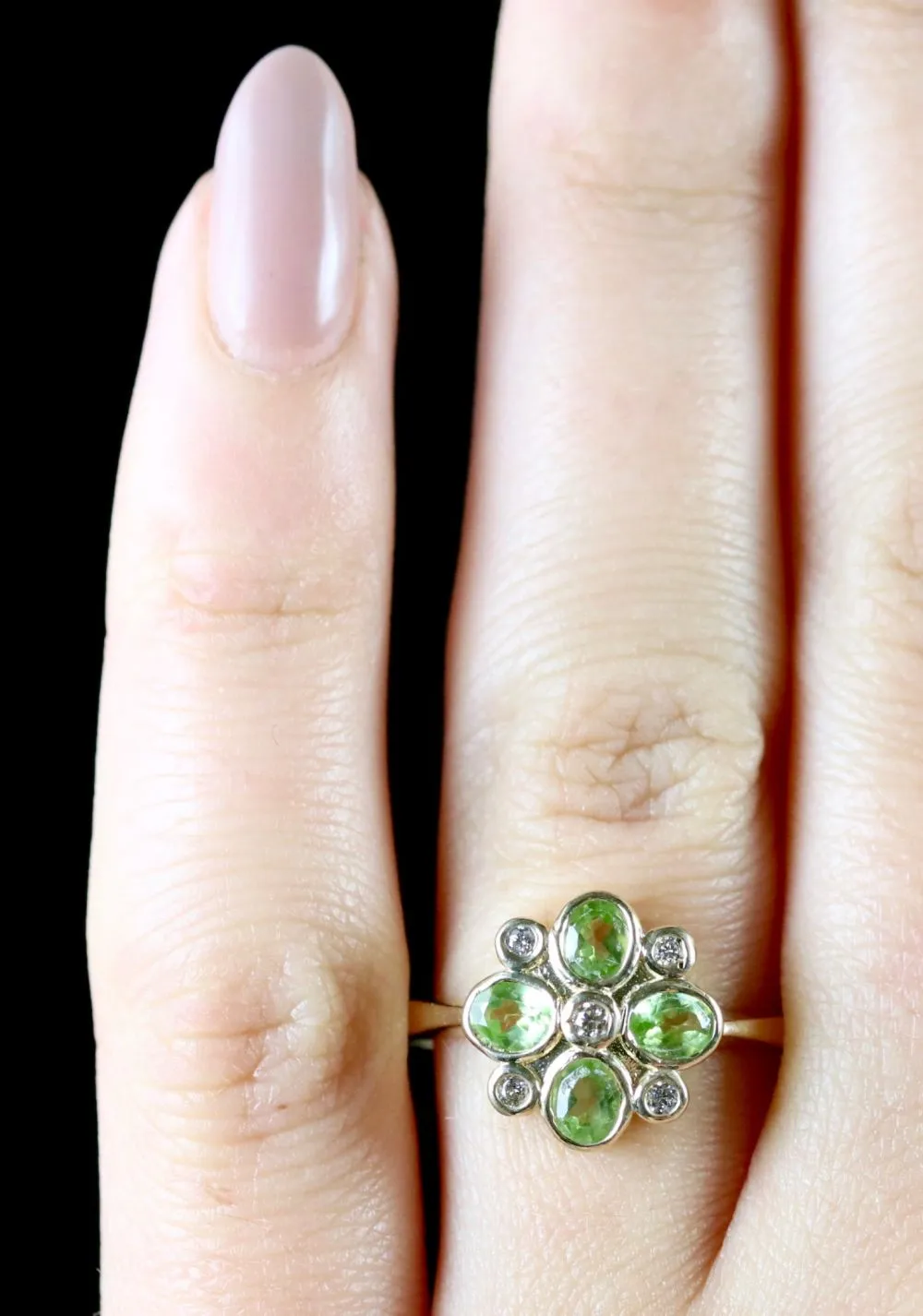 Peridot Diamond Flower Ring 9Ct Gold Ring