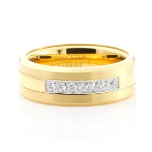 Polished Tungsten Carbide Rhinestone Inlay Gold Ring