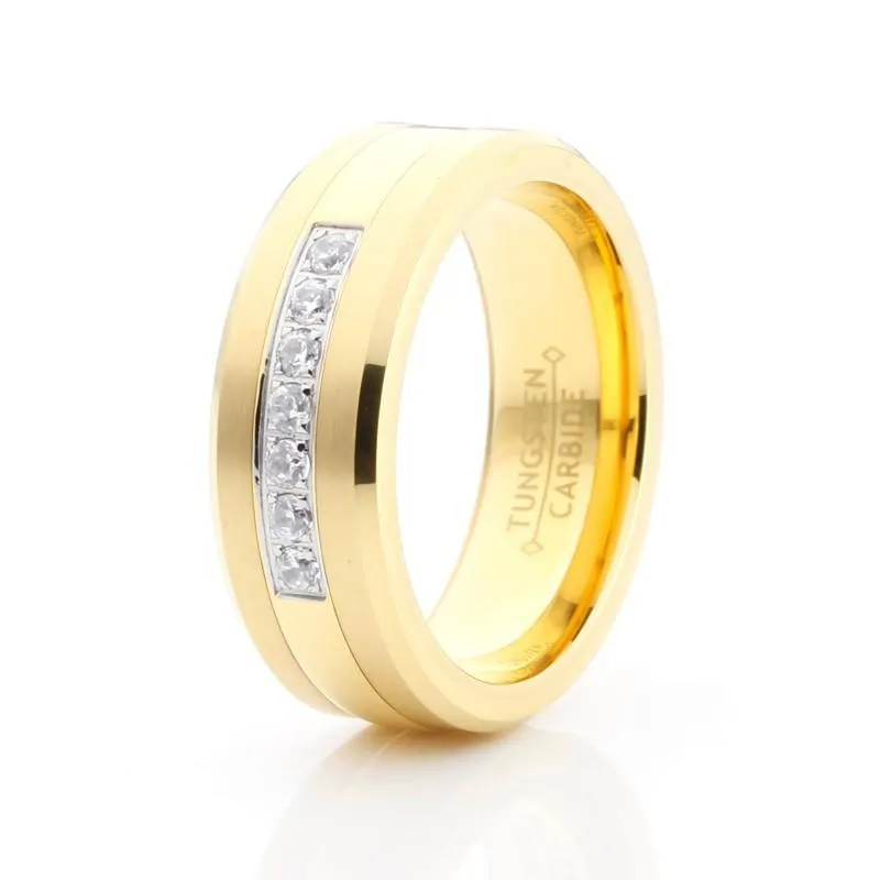 Polished Tungsten Carbide Rhinestone Inlay Gold Ring