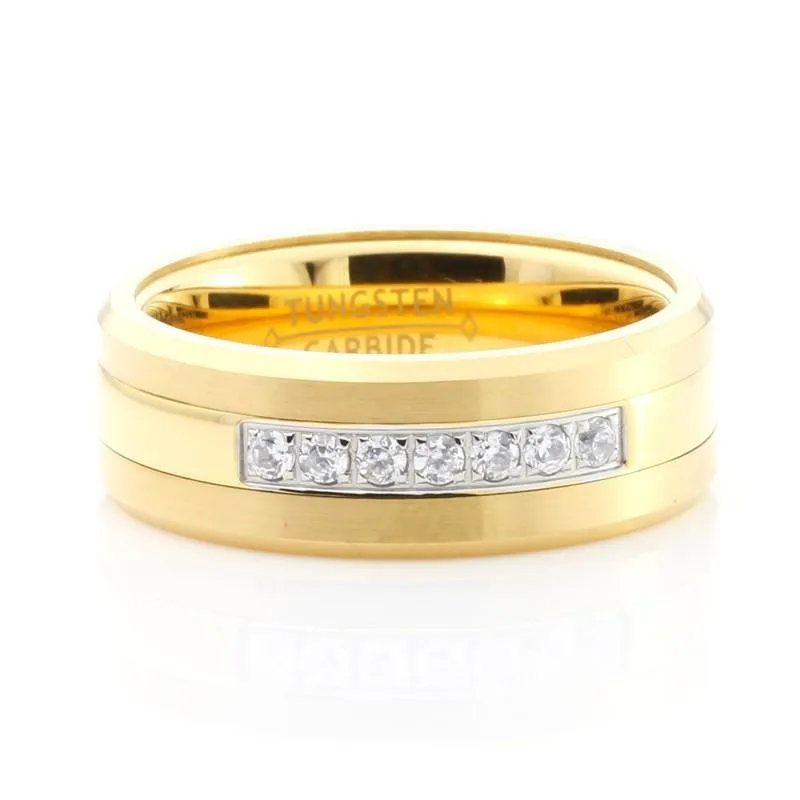 Polished Tungsten Carbide Rhinestone Inlay Gold Ring