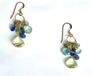 Pom Jewelry Earrings, Blue Chalcedony, Lemon Quartz, Tanzanite , & Kyanite set in Gold Fill