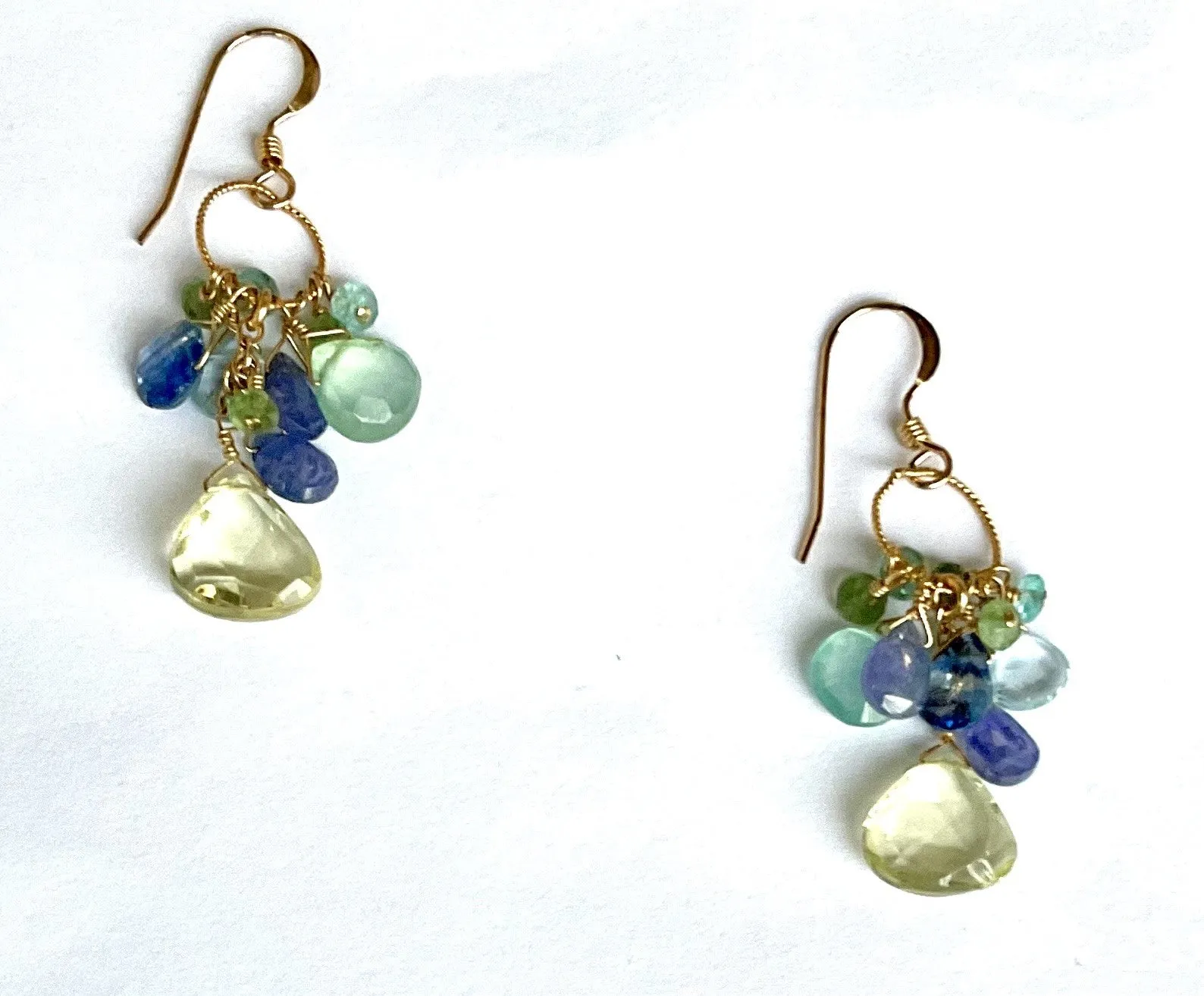 Pom Jewelry Earrings, Blue Chalcedony, Lemon Quartz, Tanzanite , & Kyanite set in Gold Fill