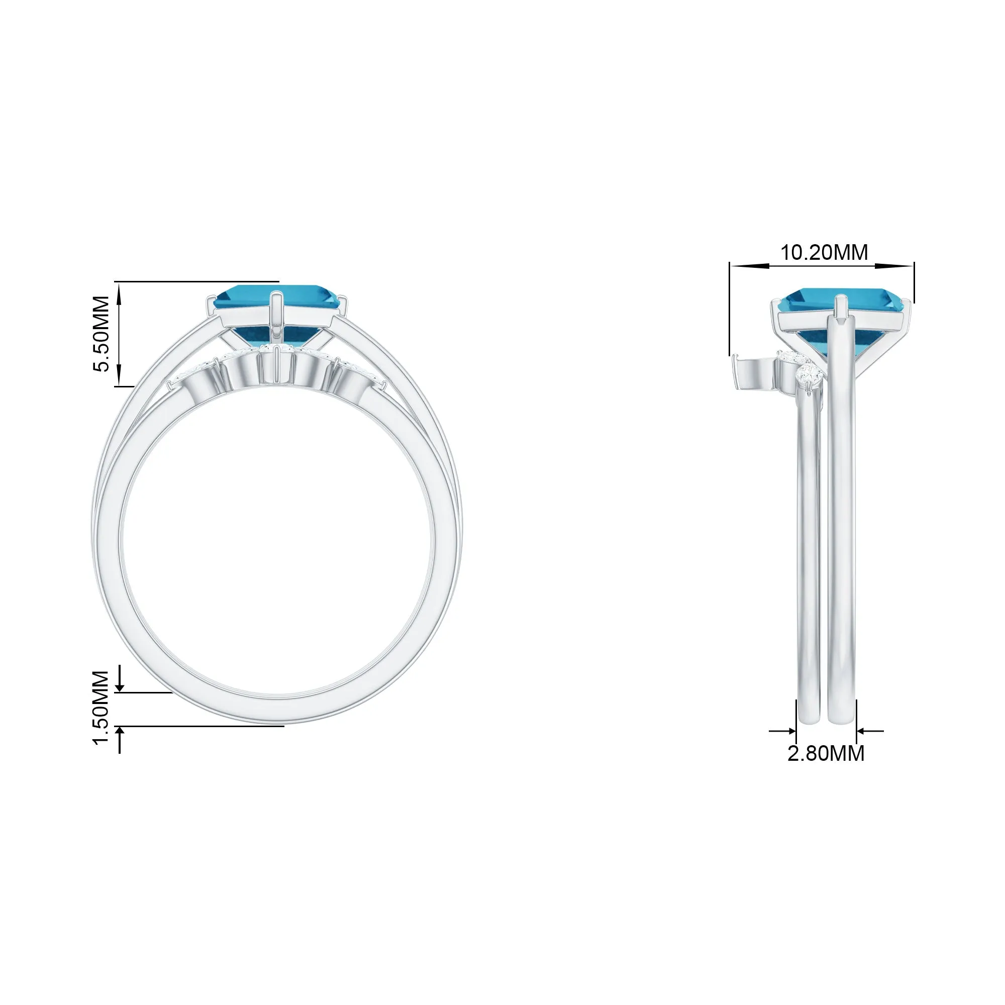 Princess Cut Swiss Blue Topaz Solitaire Ring Set with Diamond