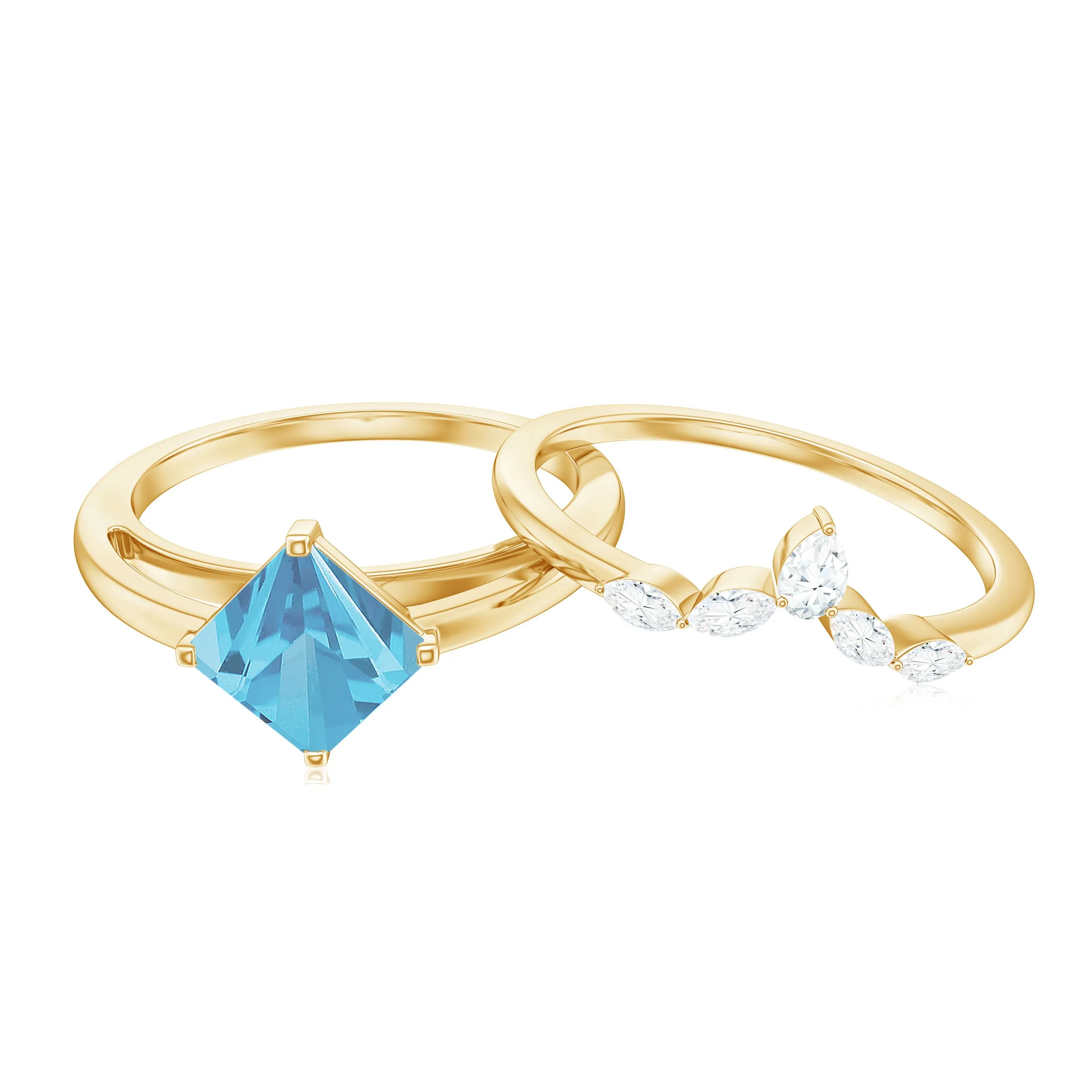 Princess Cut Swiss Blue Topaz Solitaire Ring Set with Diamond
